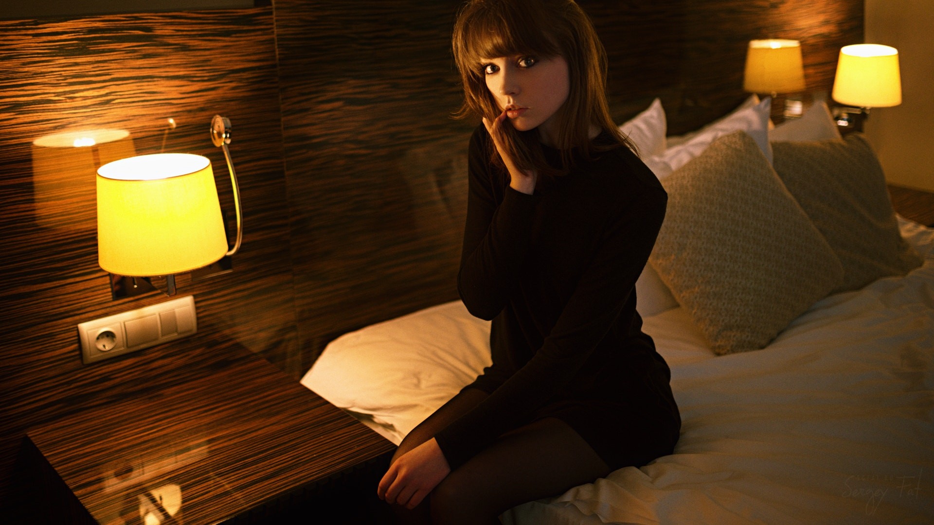 Olya Pushkina Women Sergey Fat Lamp Sitting Portrait In Bed Black Clothing In Bedroom Olya Fringe Ha 1920x1080
