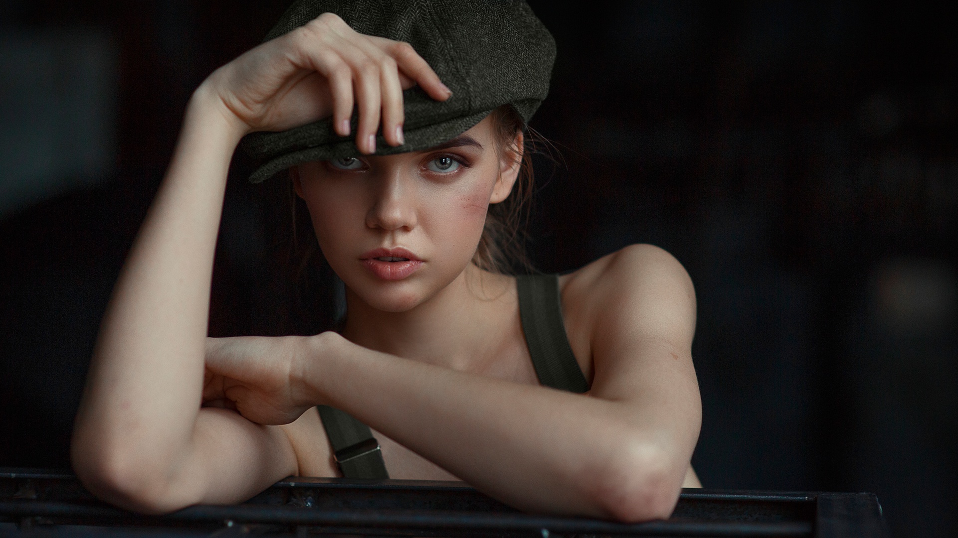 Vyacheslav Scherbakov Valeria Belyaeva Model Women Face Blue Eyes Mouth Bare Shoulders Hat Braces Lo 1921x1080