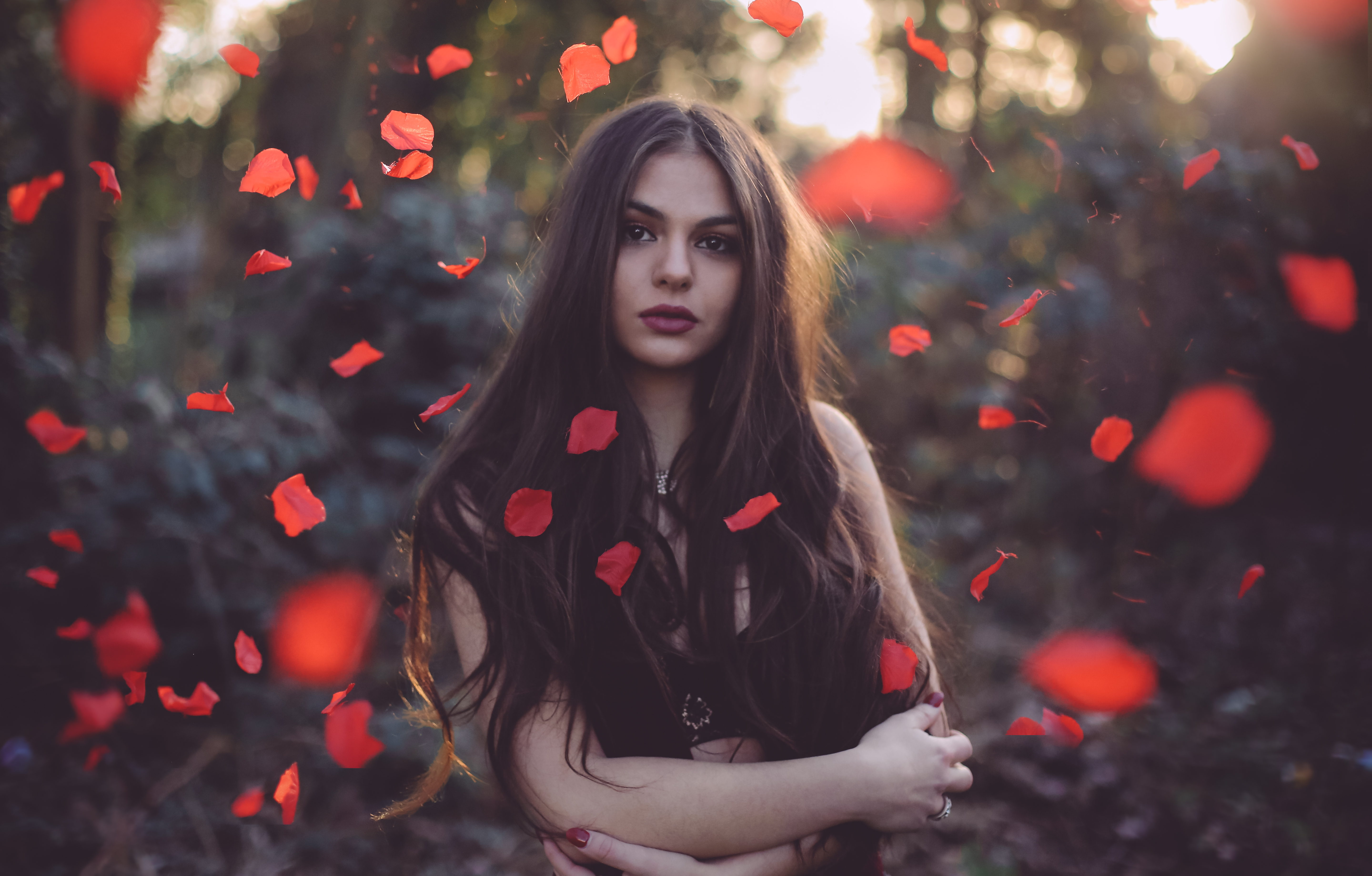 Women Brunette Brown Eyes Fallen Leaves Looking At Viewer David Olkarny Arms Crossed 5760x3680