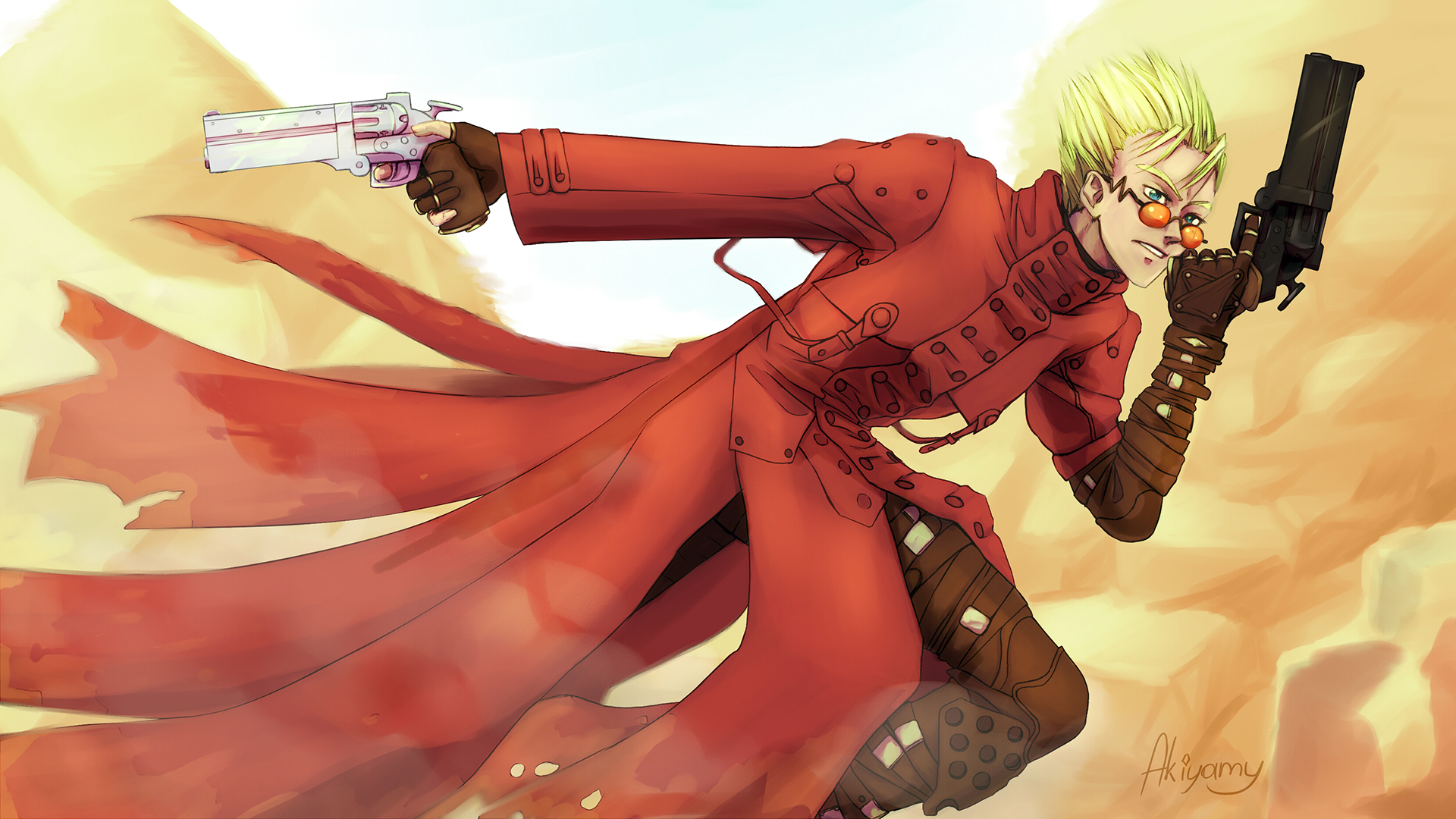 Vash The Stampede Trigun Spikes Anime Blue Eyes Blond Hair Weapon Pistol Glasses Red Clothing Cloaks 1920x1080