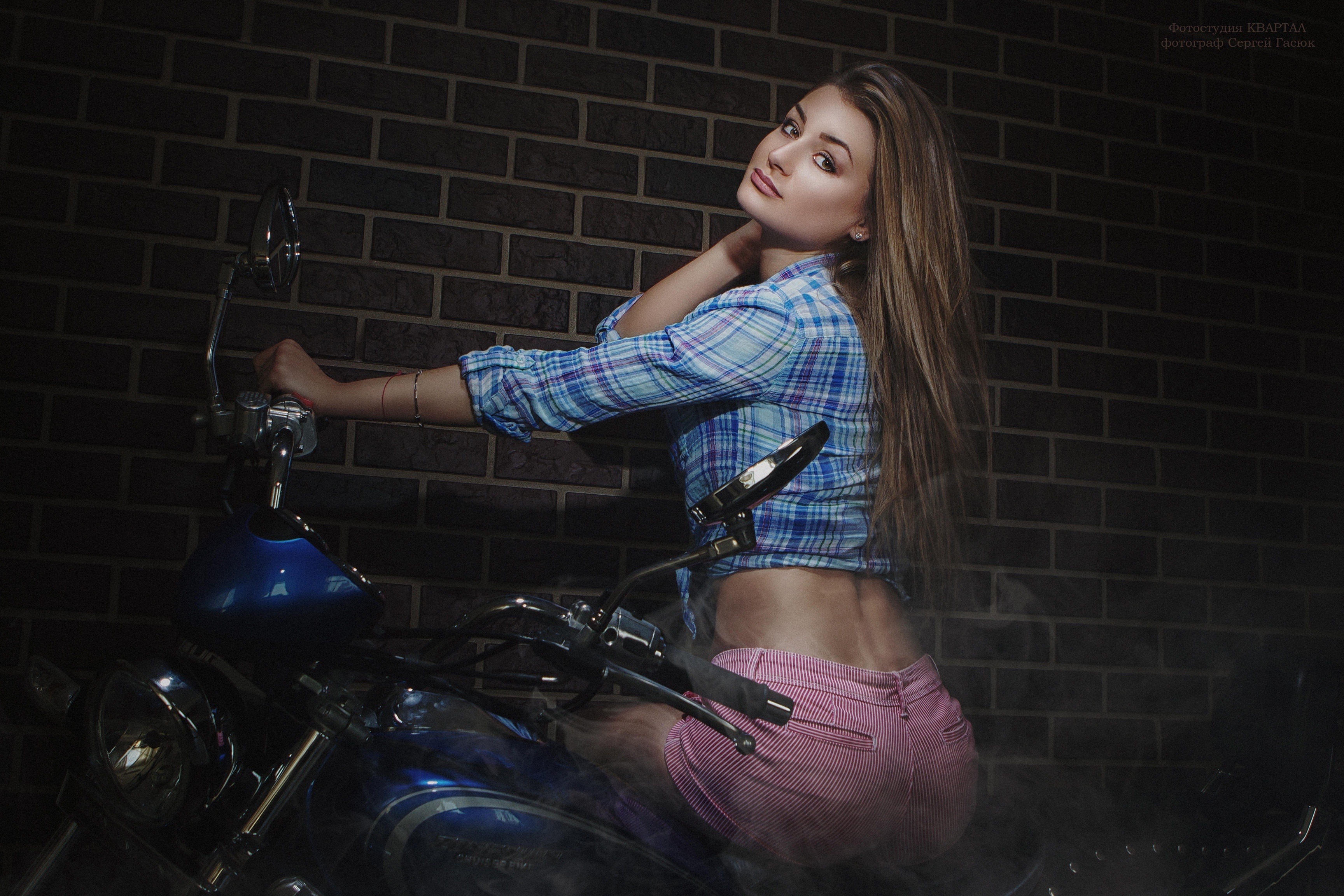 Women Model Vehicle Long Hair Motorcycle Shirt Sitting Women With Bikes Plaid Shirt Looking Over Sho 3456x2304