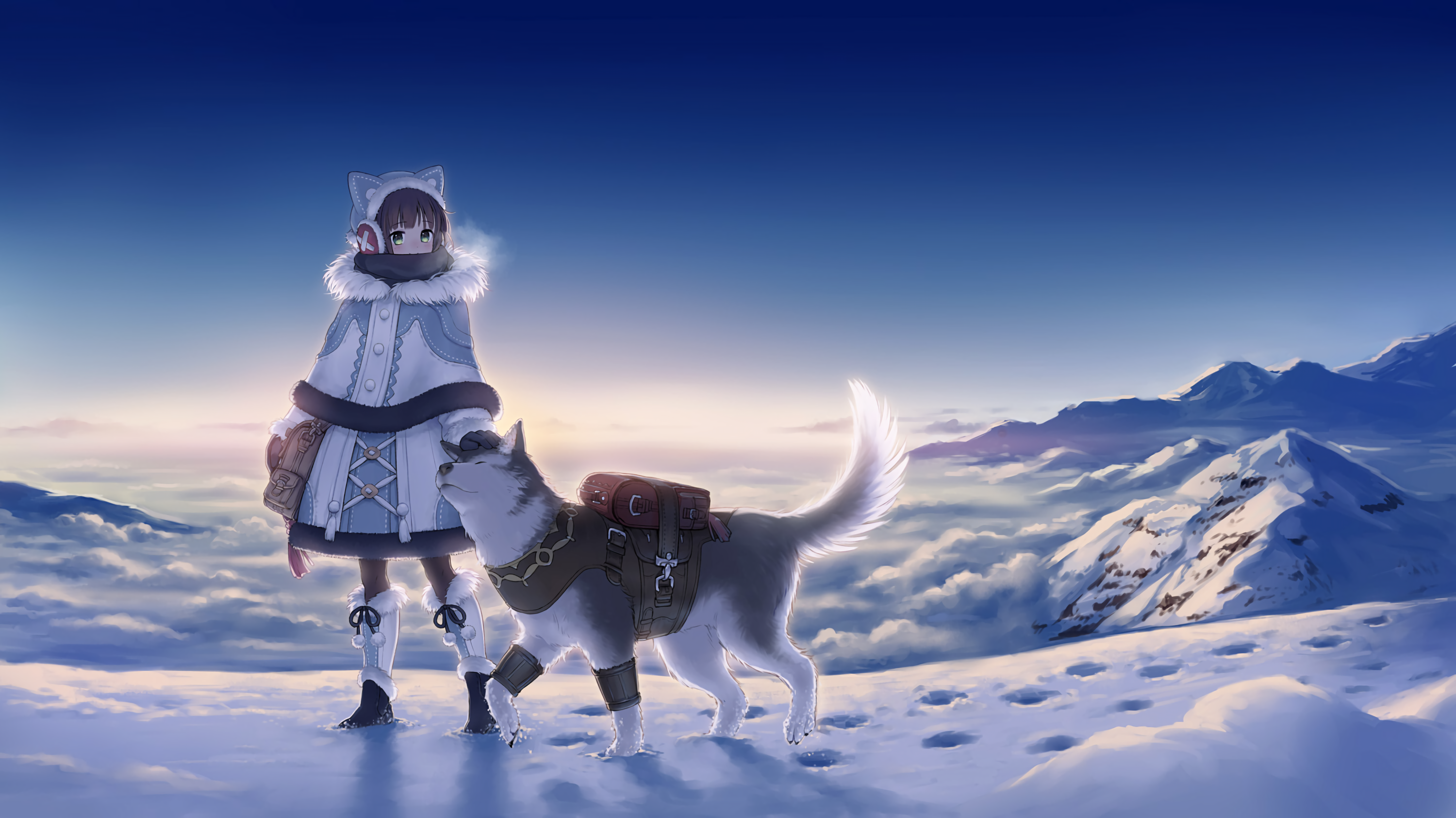 Sky Dog Snow Landscape Boots Animal Ears Scarf Snowy Peak Anime Nylons Sunlight Backpacks Green Eyes 3000x1684