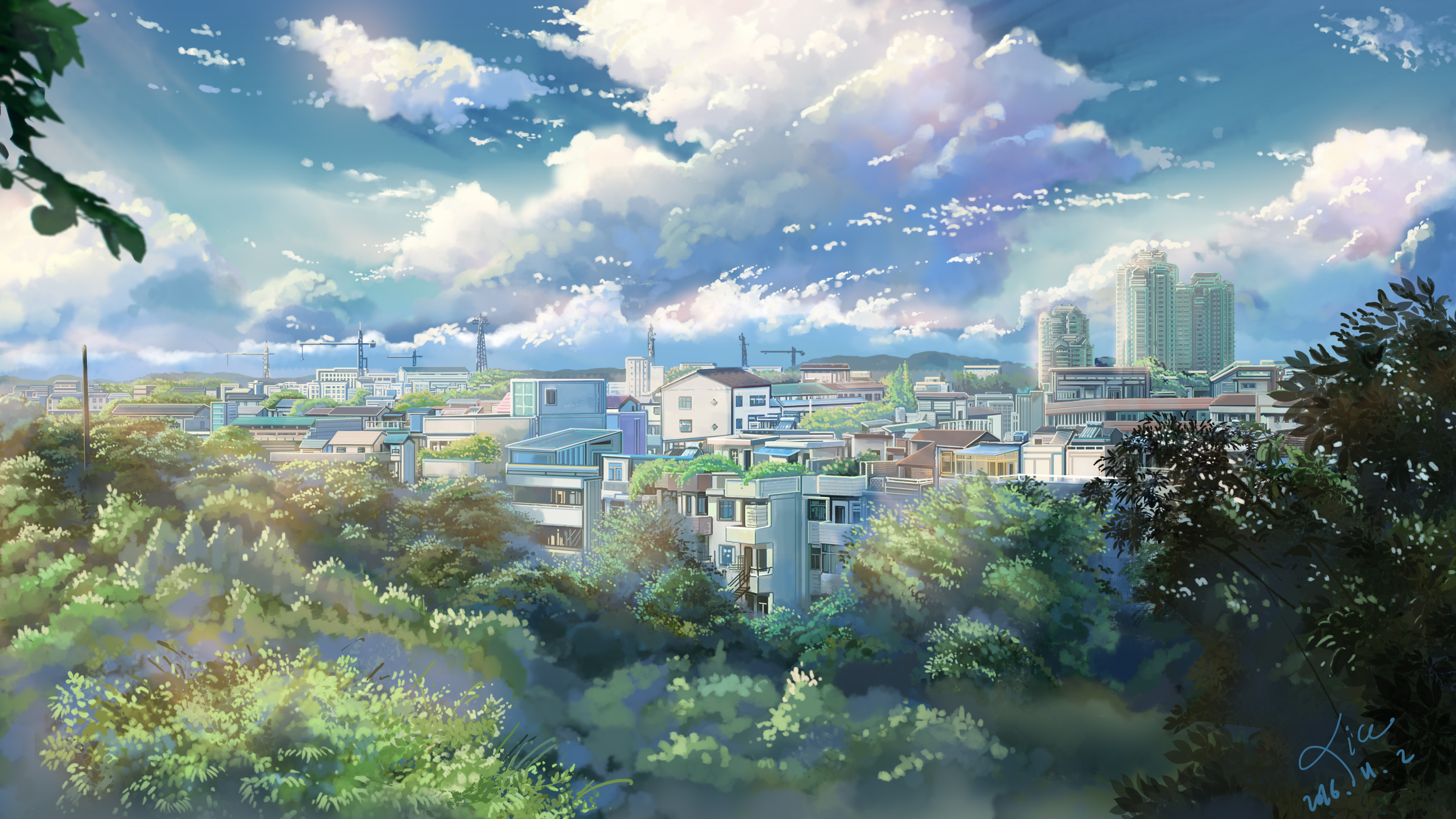 Landscape Anime Cityscape Outdoors Sky Clouds Trees 2016 Year Moescape 3619x2035