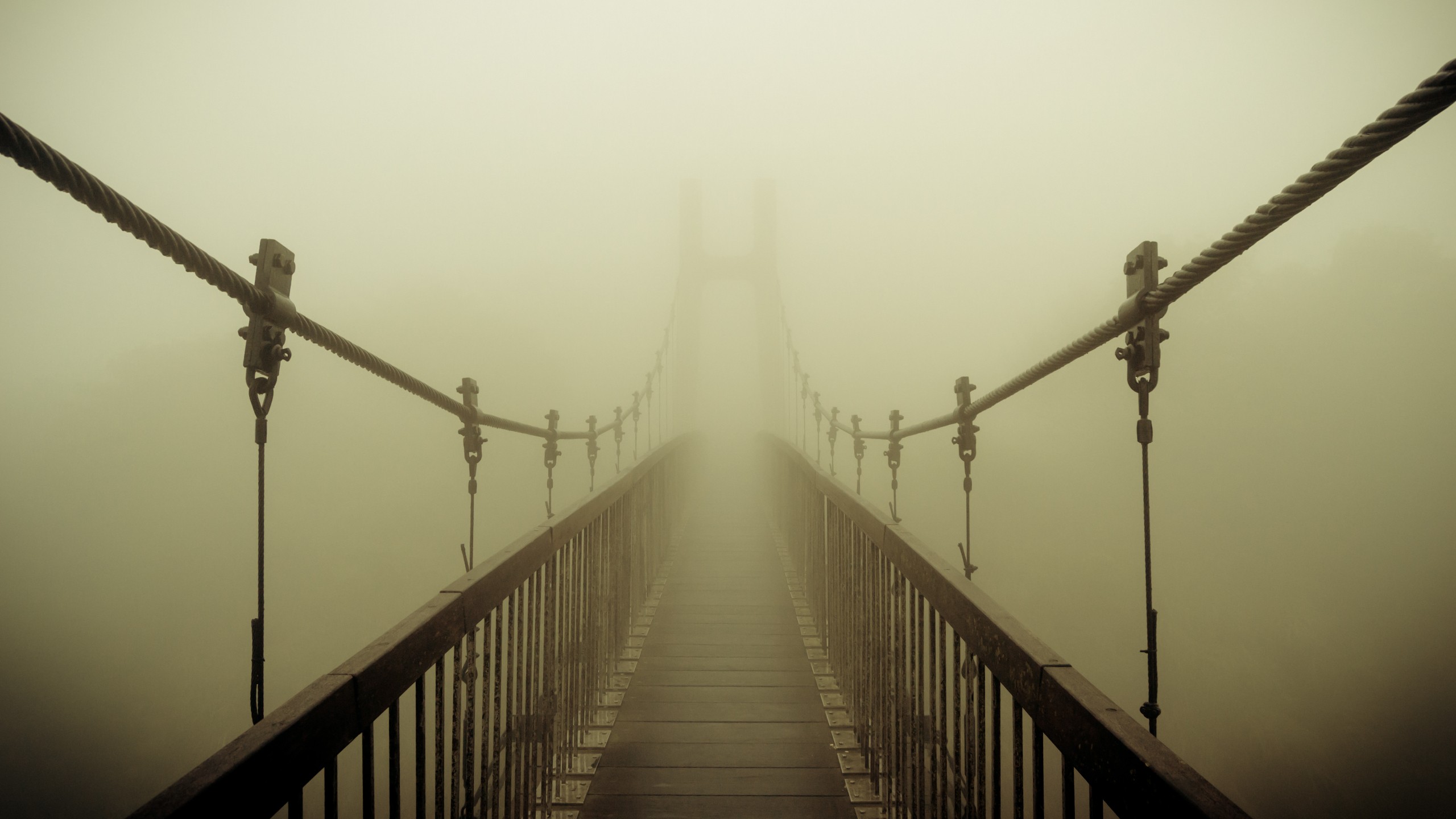 Mist Bridge Suspension Bridge Pathway Sepia 2560x1440
