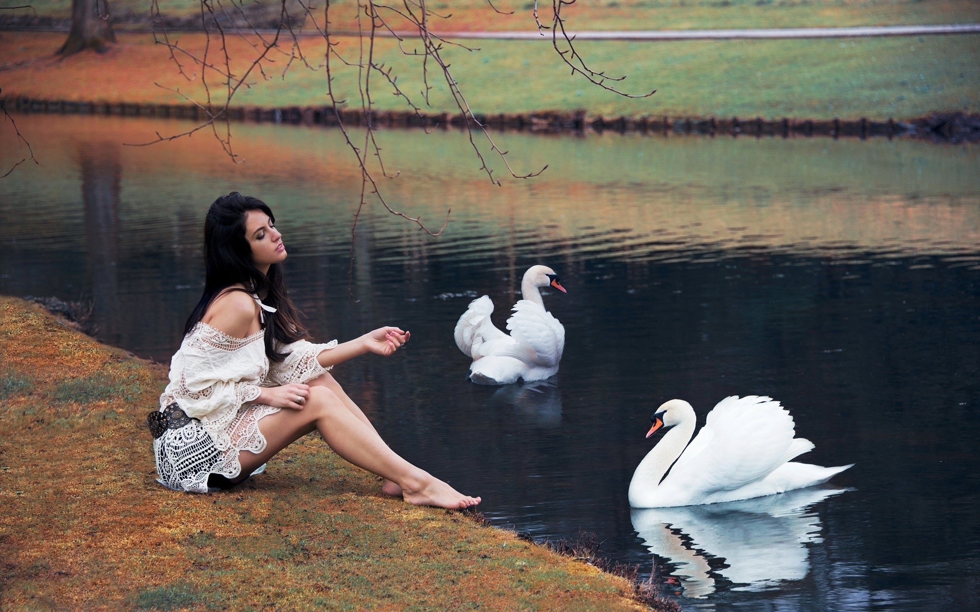 Women Outdoors Swan Water Sitting Women Model Aurela Skandaj Barefoot 1920x1200