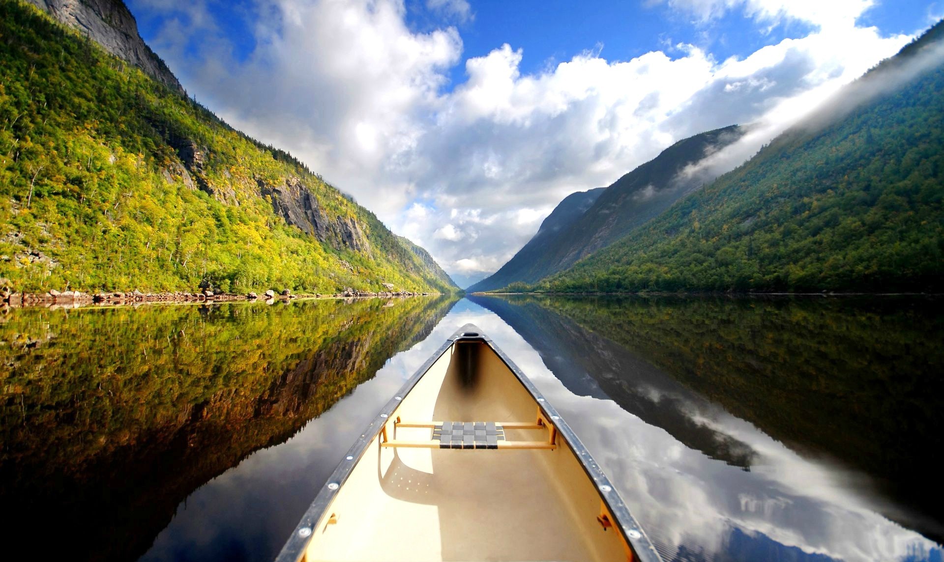 Nature Mountains Sky Green Water Clouds Canoes 1920x1144