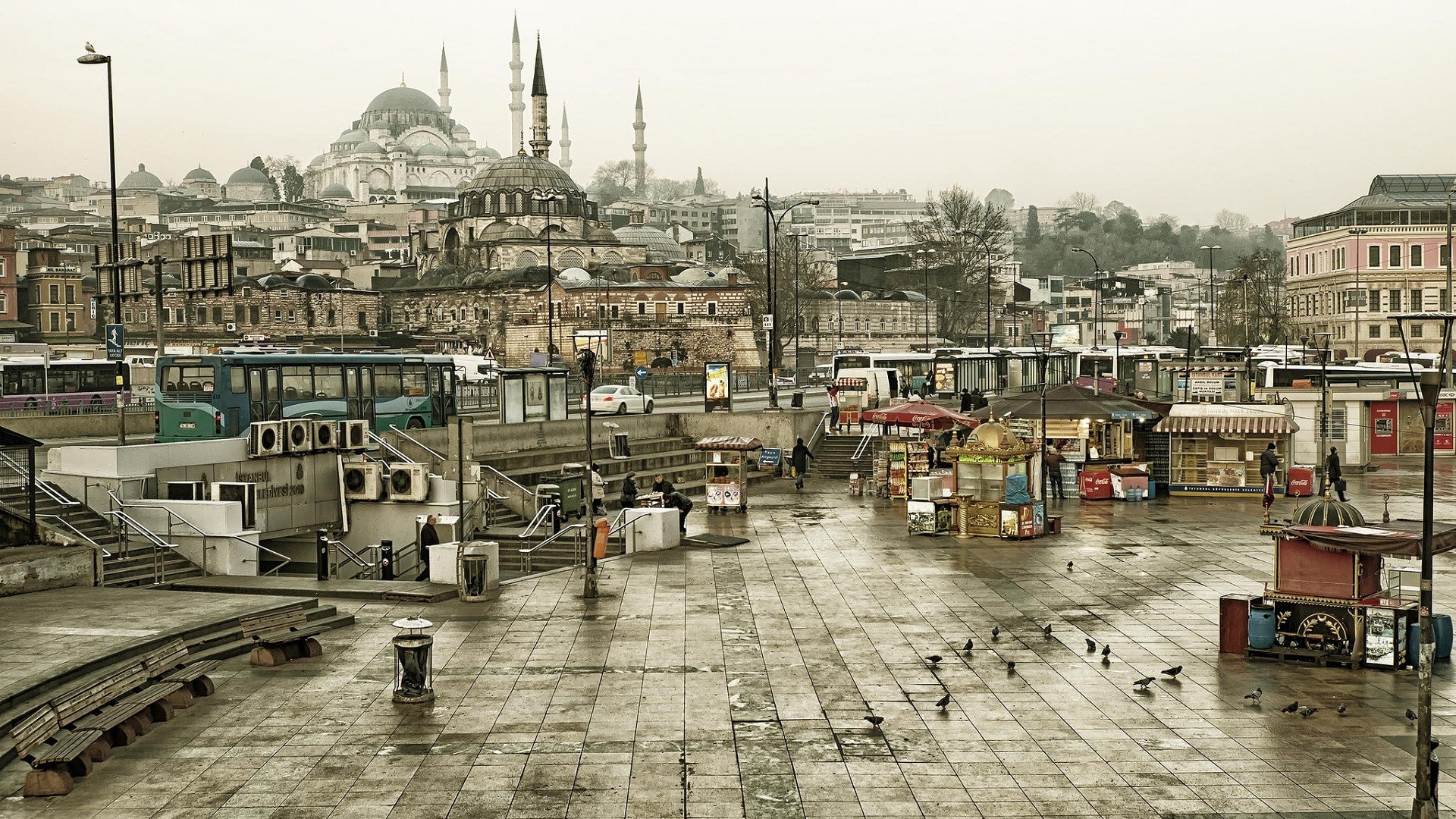 Istanbul Turkey Mosque Architecture Islamic Architecture Building Buses Town Square Car Pigeons Benc 1920x1080