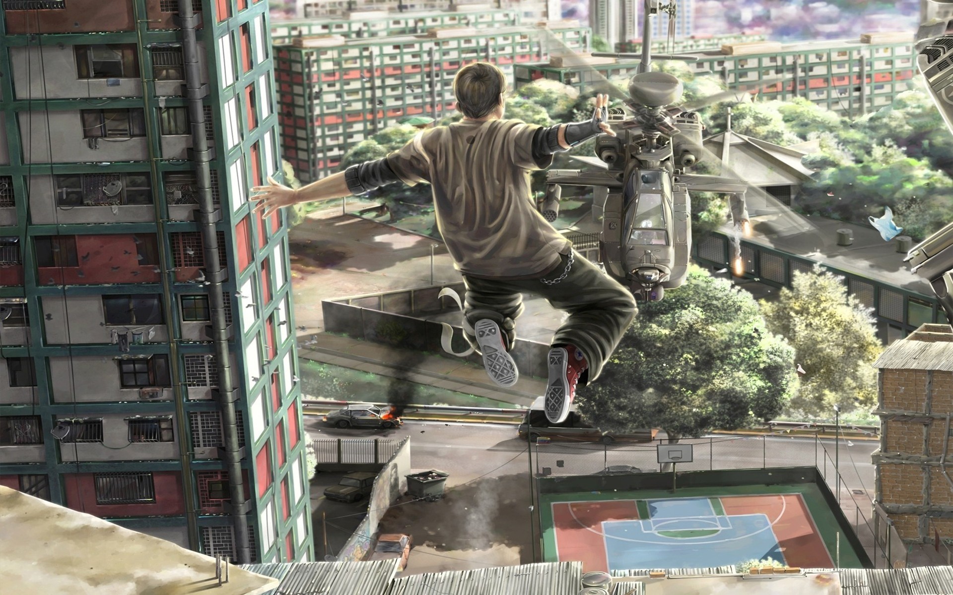 Parkour Jumping Digital Art Helicopter Military Aircraft Cityscape 1920x1200