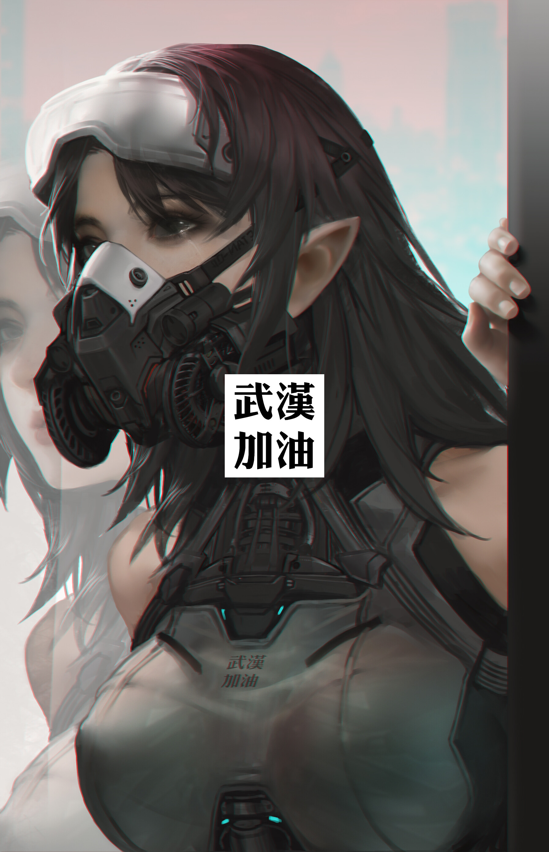 Anime Girls Portrait Display Original Characters Futuristic Mask Elf Ears Kanji Anime China COViD 19 1793x2782