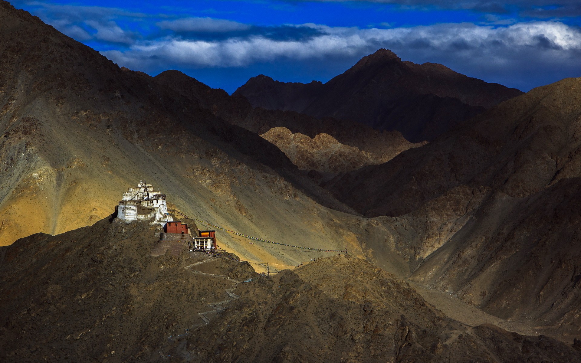 Nature Landscape Mountains Clouds House Hills Tibet China Himalayas Monastery Flag Buddhism Rock Pat 1920x1200