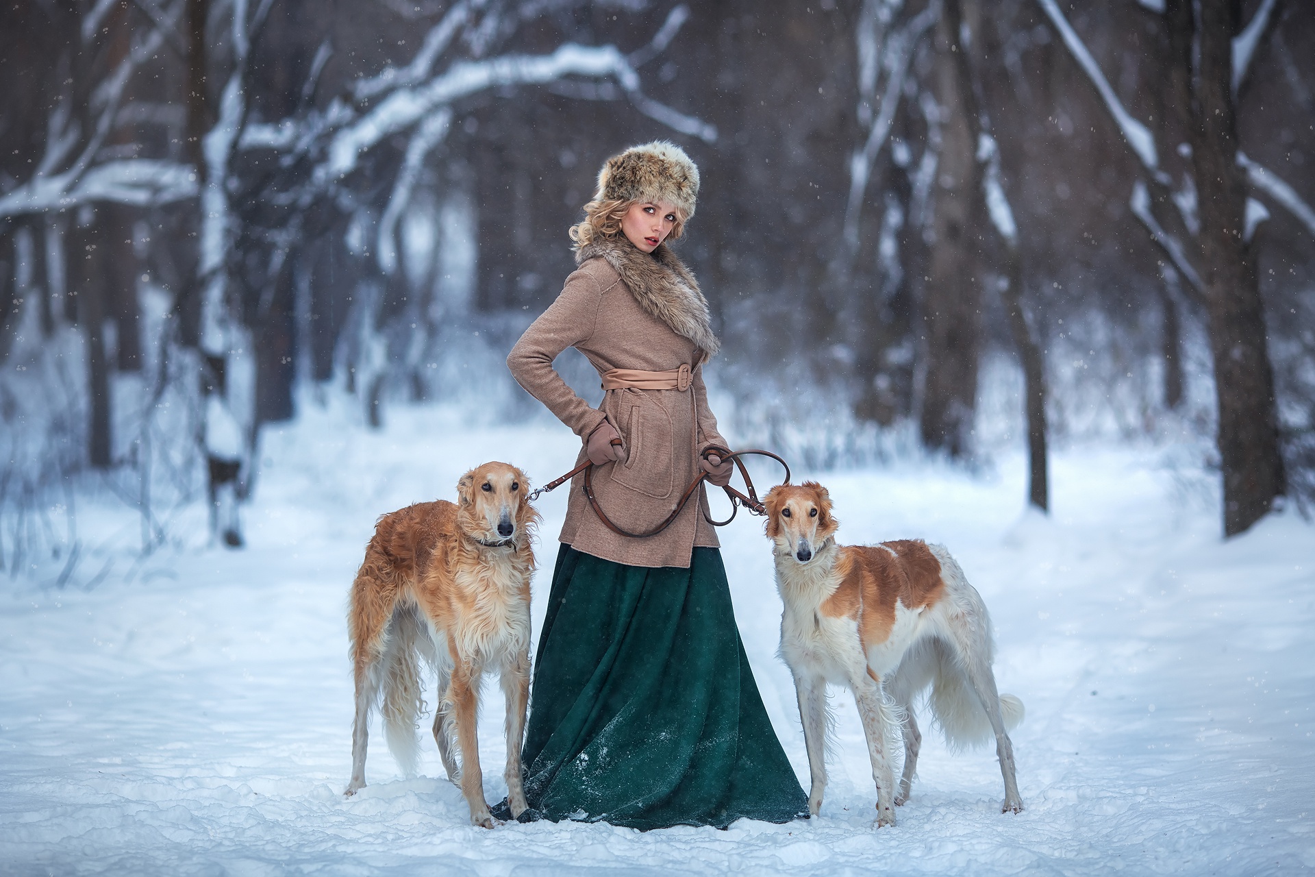 Women Dog Winter Snow Animals Cold Mammals Women Outdoors Fur Cap Green Dress Coats Fur Women With D 1920x1280