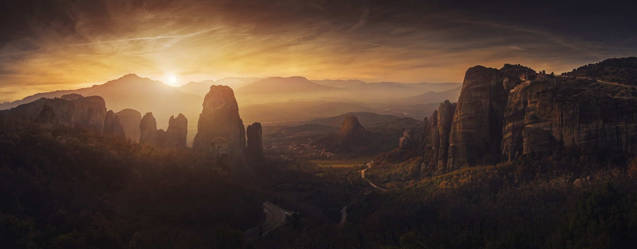 Nature Photography Landscape Panorama Sunset Monastery Rocks Mountains Valley Road Sky Mist Meteora  2500x979