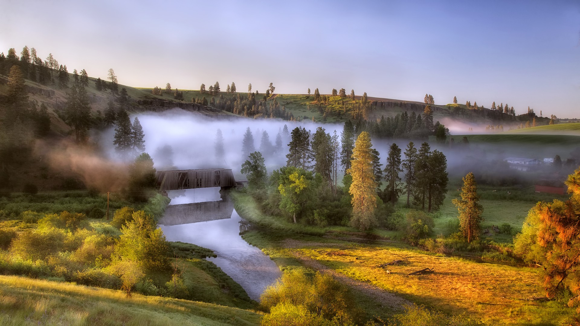 Nature Landscape Mist River Wooden Bridge Hills 1920x1080