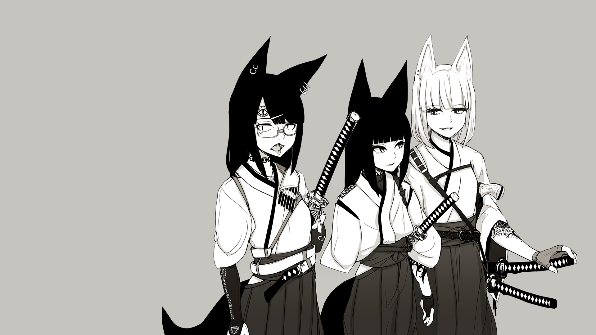 Anime Girls Pointed Ears Symbolism Piercing Katana Simple Background 1920x1080