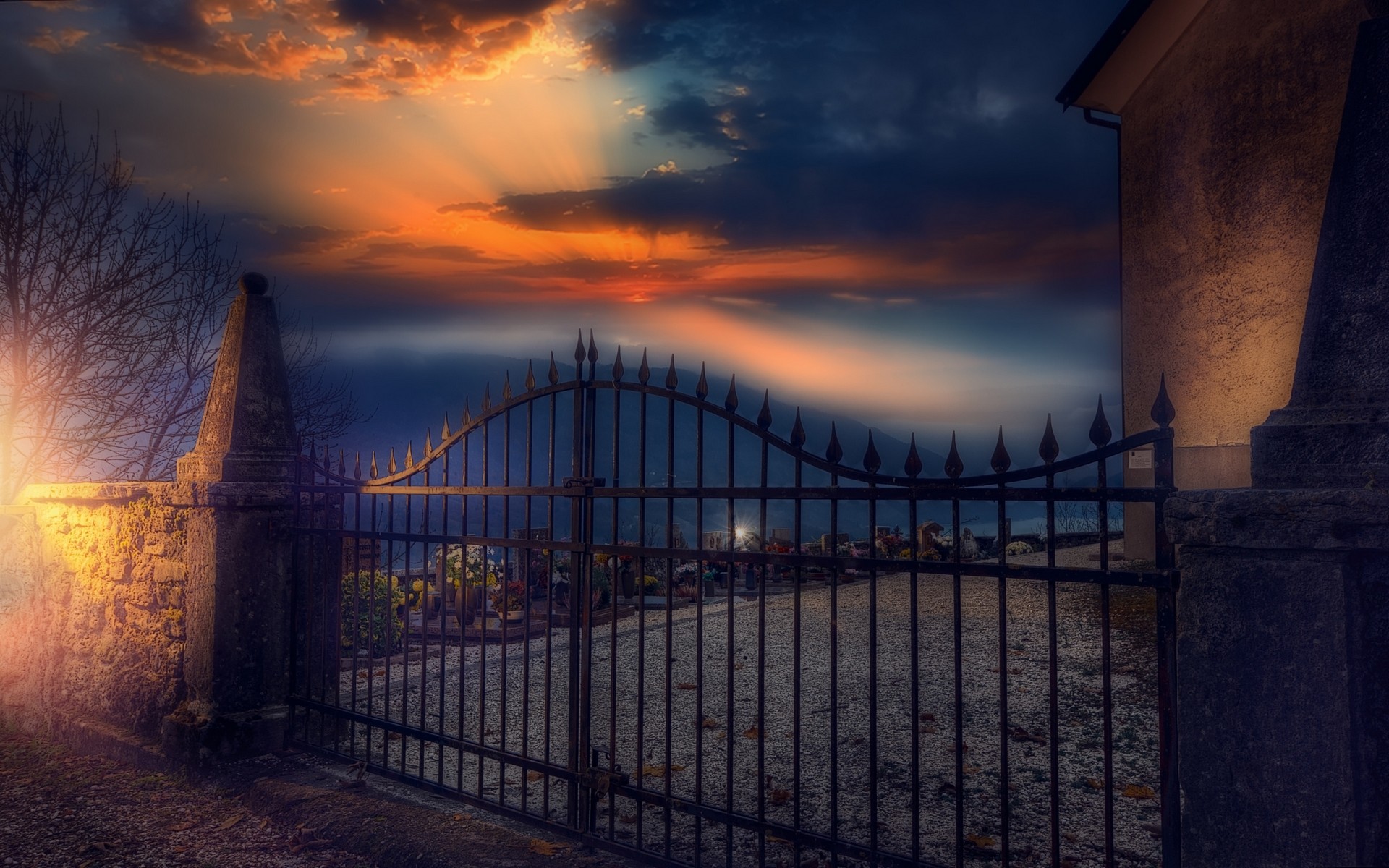 Nature Landscape Sunset Lights Gates Sun Rays Sky Cemetery Grave Closed 1920x1200