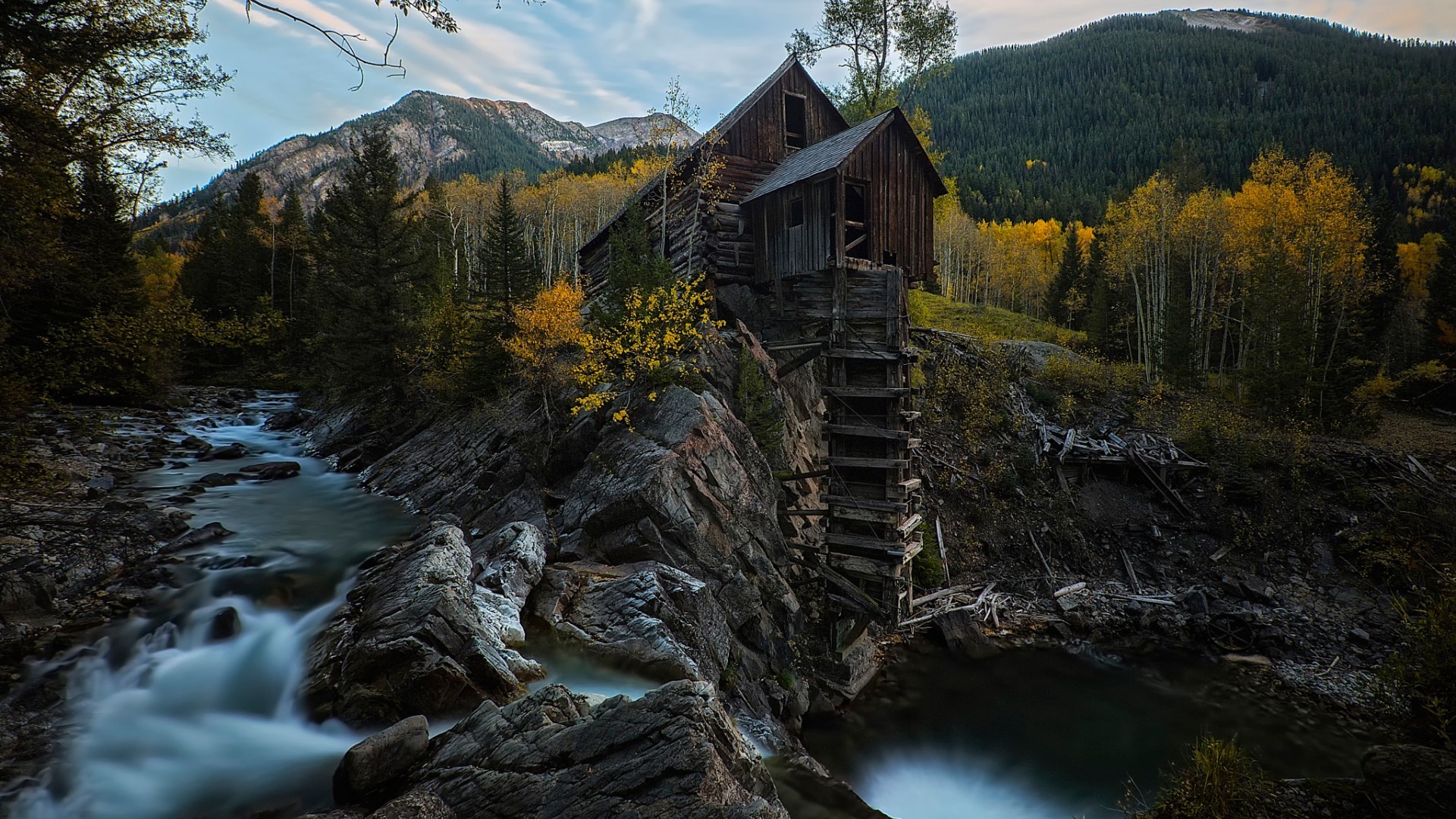 Nature Landscape Mountains Trees Forest Colorado USA Hills Stream Waterfall Rock Wood House Stones F 1920x1080