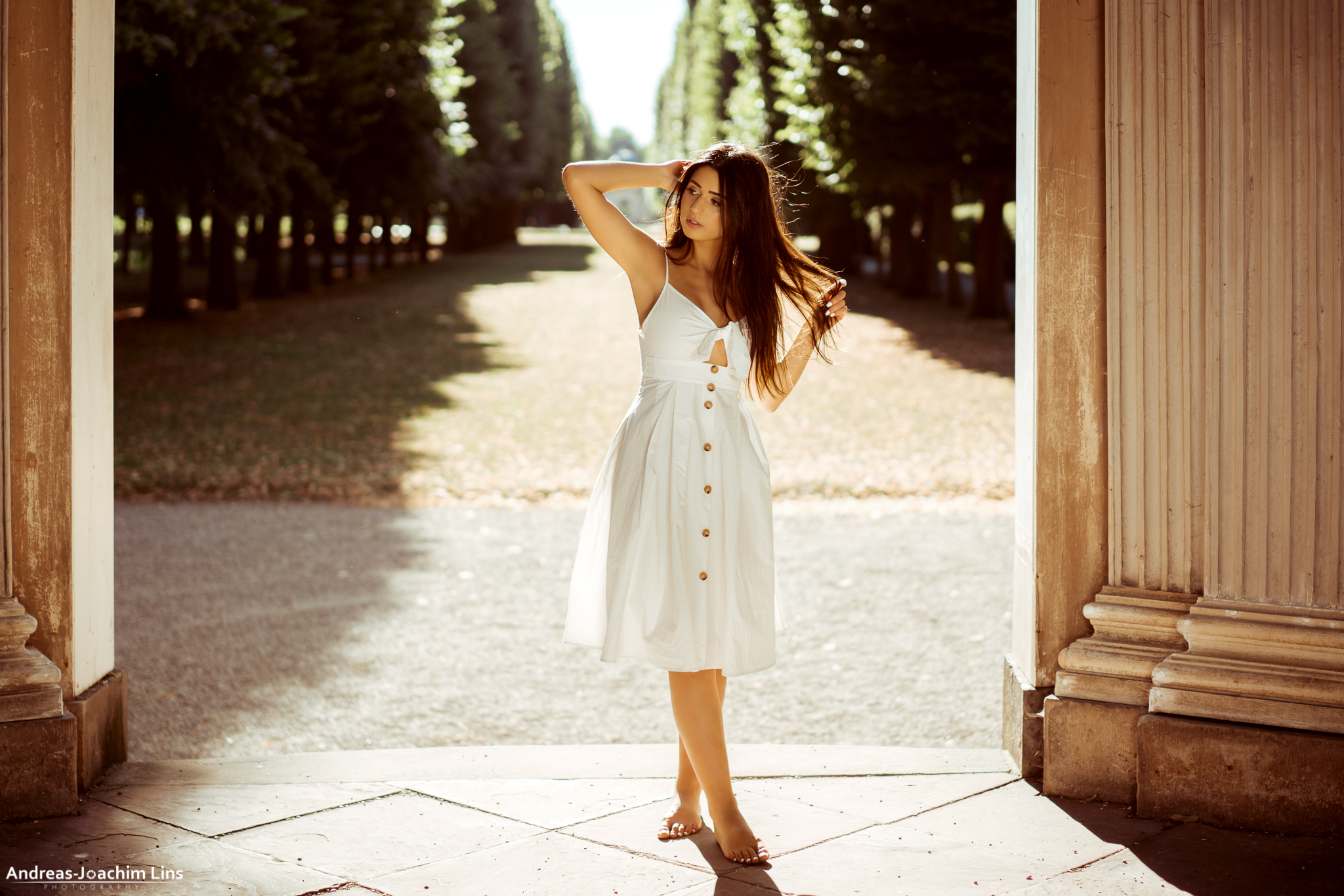 Andreas Joachim Lins Women Looking Away Barefoot Dress White Dress White Nails Model Brunette Women  2048x1366