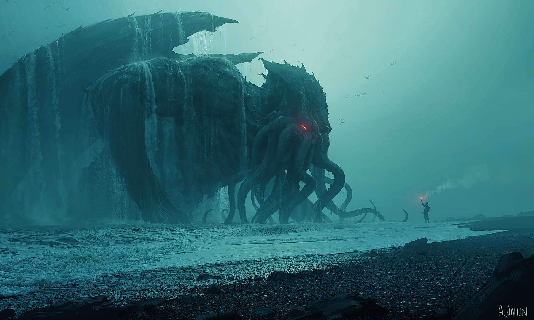 Artwork Cthulhu ArtStation Digital Art Fantasy Art Rain Beach Creature Andree Wallin H P Lovecraft S 1800x1080