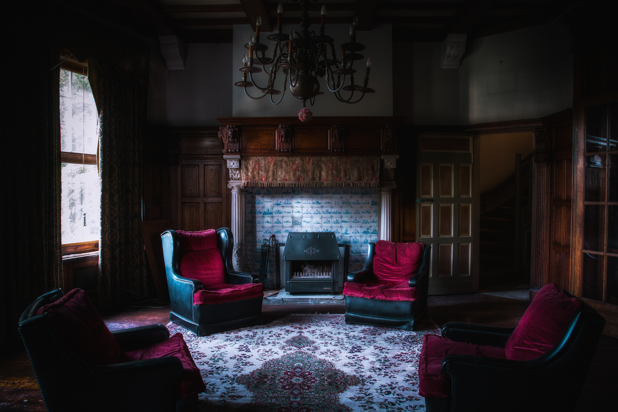 Room House Chair Fireplace Curtain Chandelier Gothic Dark 2048x1365