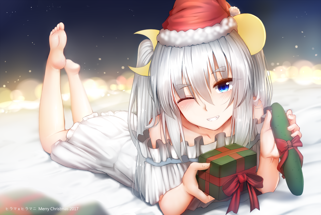 Anthropomorphism Aqua Eyes Barefoot Blushing Christmas Dress Santa Hats Kantai Collection Short Hair 1280x858