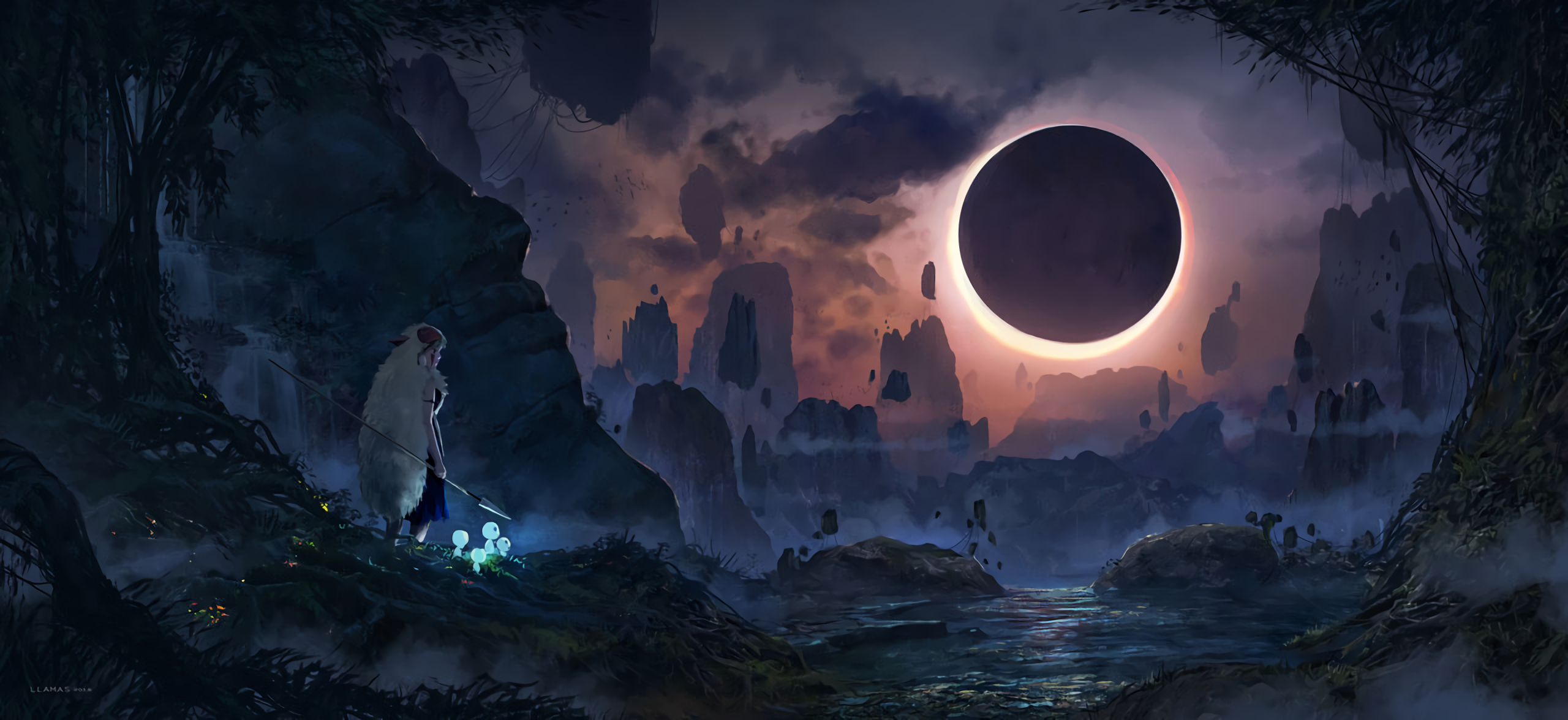 Princess Mononoke Studio Ghibli Lunar Eclipses 2560x1176