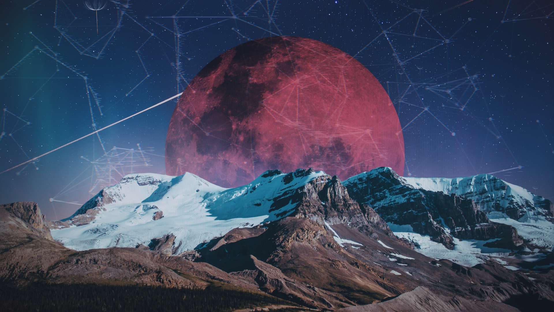 Space Moon Red Moon Mountains Glitch Art Snow Constellations 1920x1080