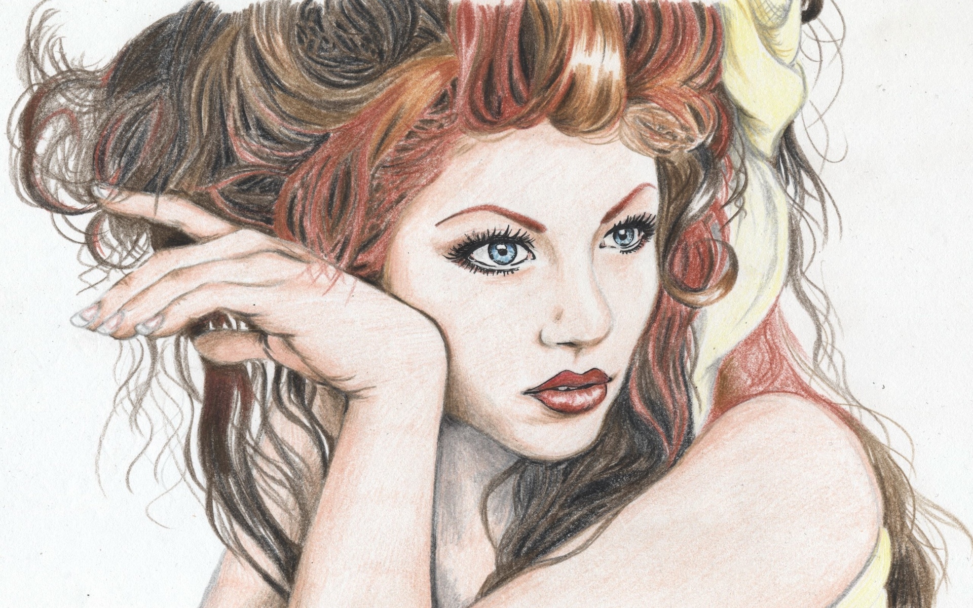 Women Redhead Arm Face Simple Background Artwork 1920x1200
