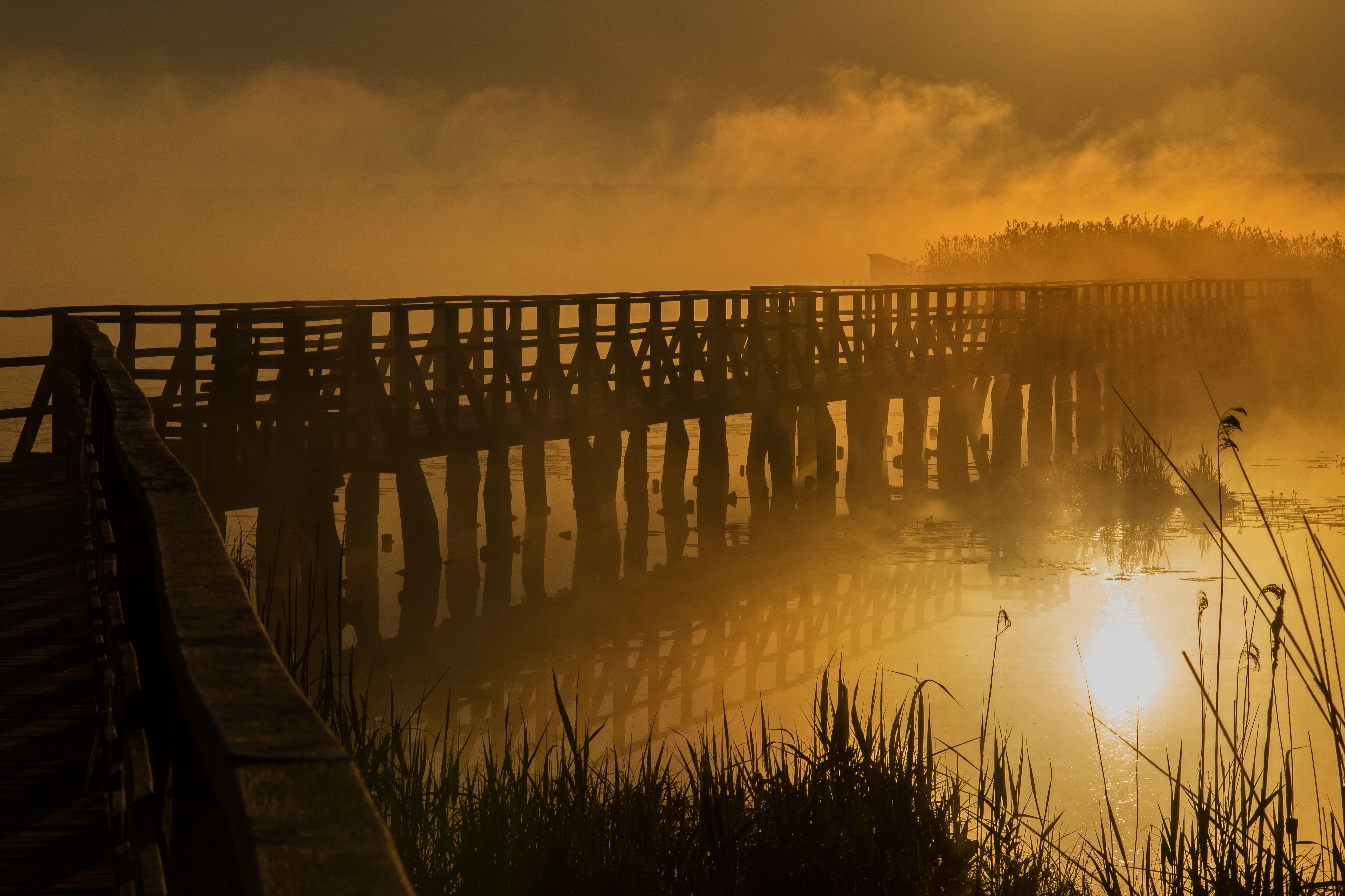 Bridge Wooden Bridge River Water Yellow Smoke Mist 5184x3456