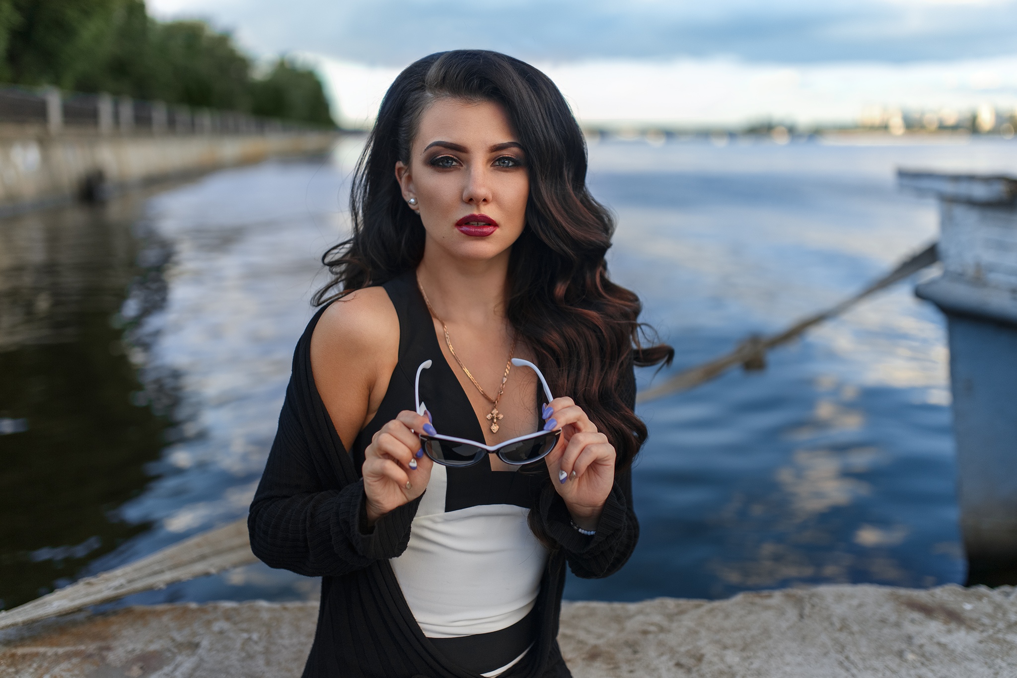 Kristina Romanova Women Model Brunette Long Hair Looking At Viewer Portrait Outdoors Red Lipstick Ne 2048x1365