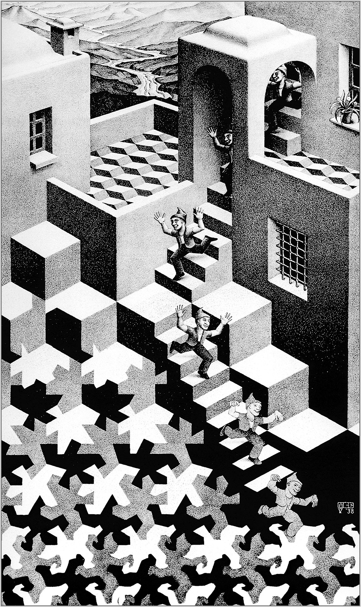 Artwork Optical Illusion M C Escher Monochrome Portrait Display Lithograph Stairs Building Cube 1148x1930