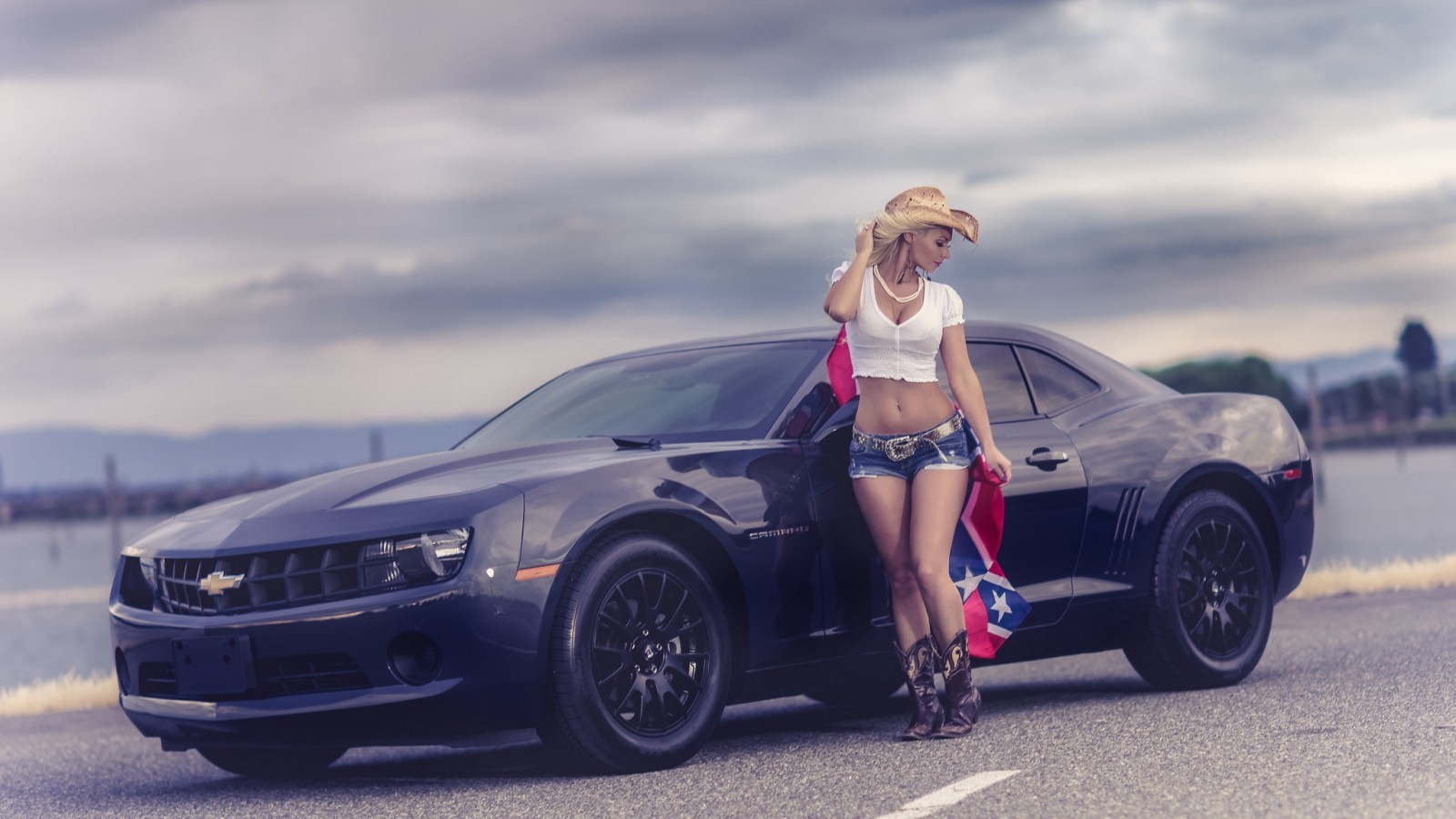 Women Car Blonde Cowboy Hats White Tops Women With Cars 1600x900