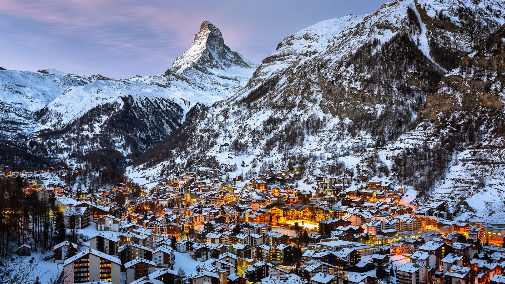 Switzerland Mountains Snow Winter Town Matterhorn Zermatt Photography Landscape City Lights Architec 1920x1080