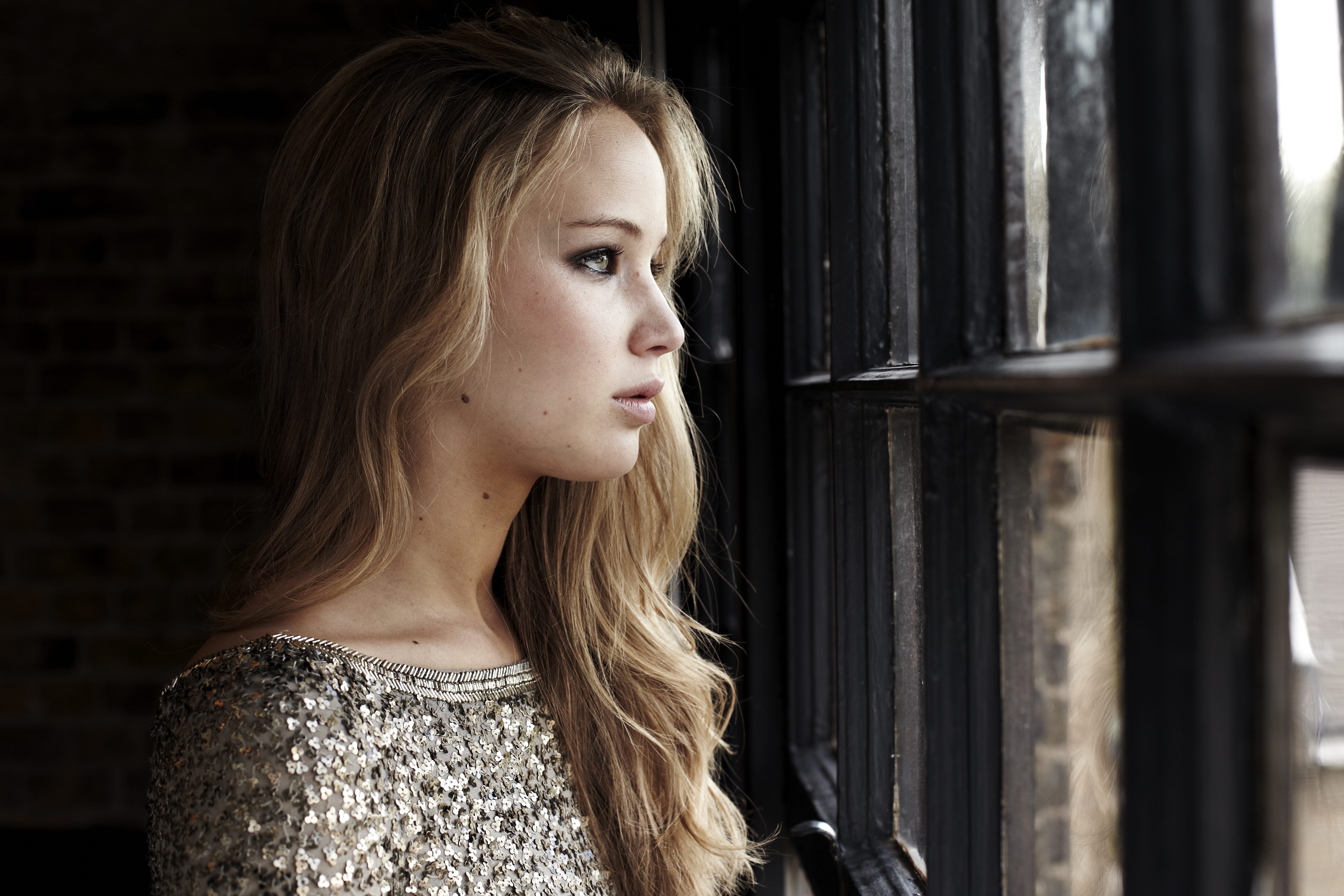 Portrait Women Actress Face Profile Celebrity Jennifer Lawrence Looking Out Window Silver Dress 5616x3744
