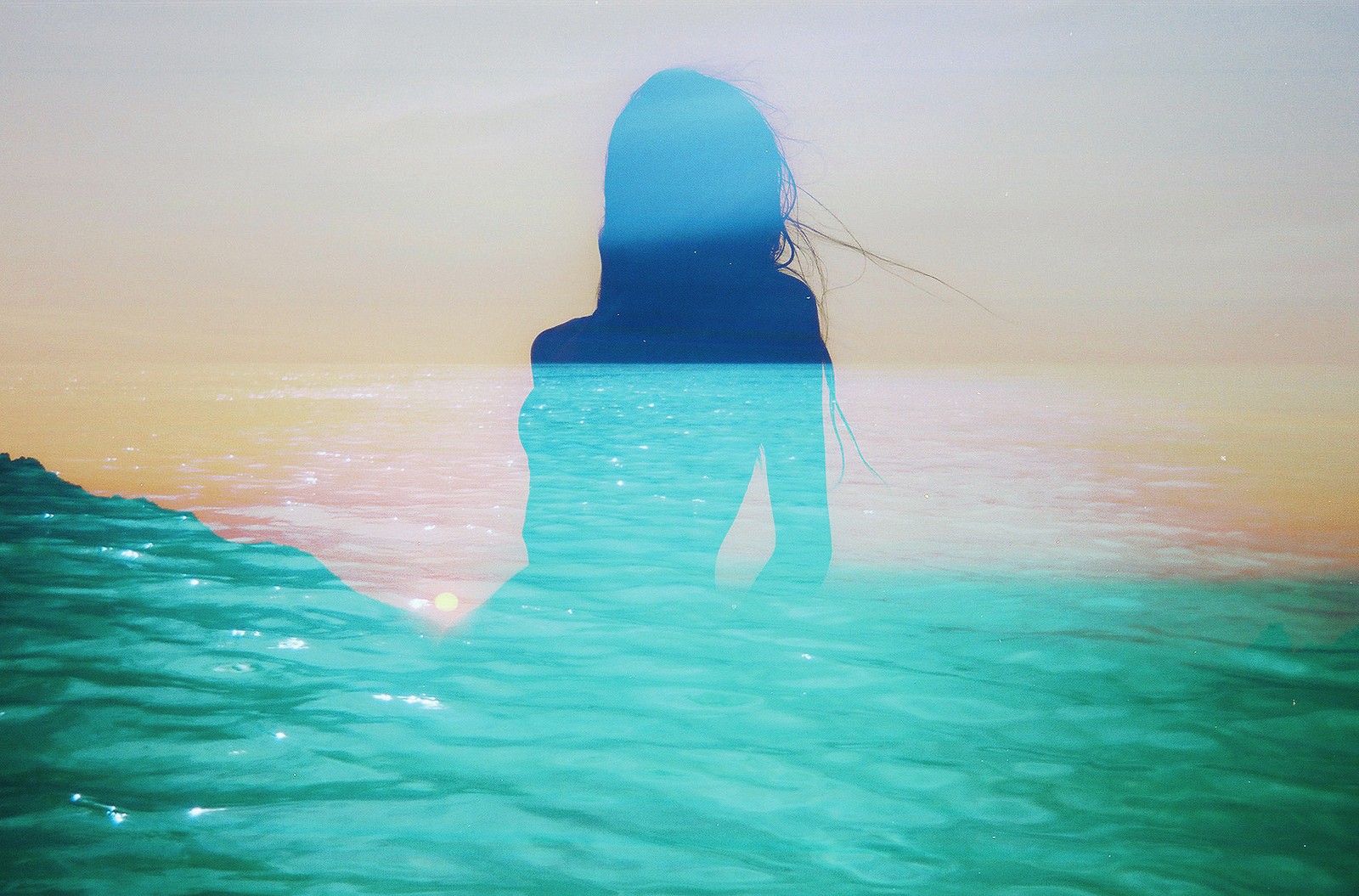 Women Water Double Exposure Cyan Sea Horizon Silhouette Turquoise 1600x1055