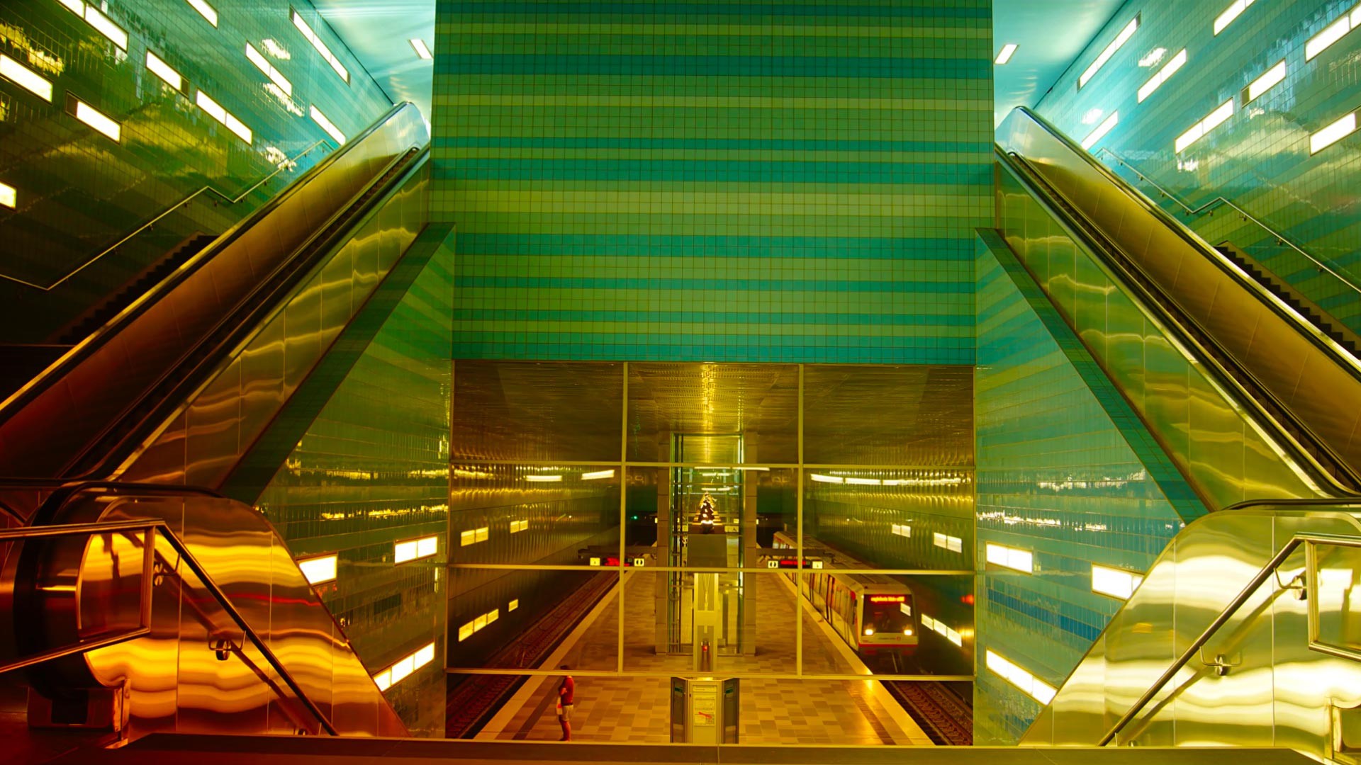 Glass Architecture Ladders Escalator Metro Railway Station Lights Underground Hamburg Germany 1920x1080
