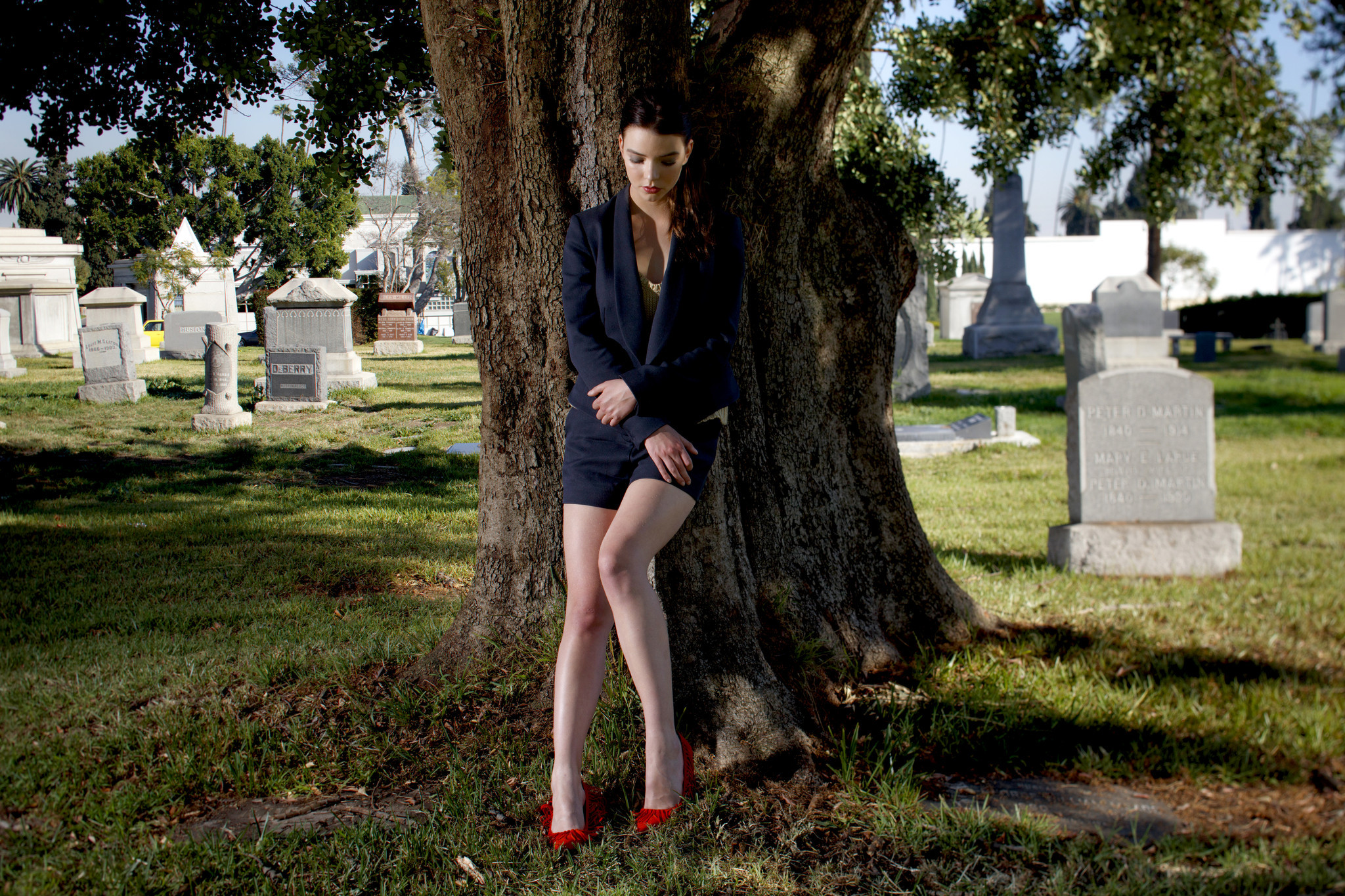 Anya Taylor Joy Women Actress Brunette Dark Hair Women Outdoors Graveyards Legs Grave Trees Looking  2048x1365