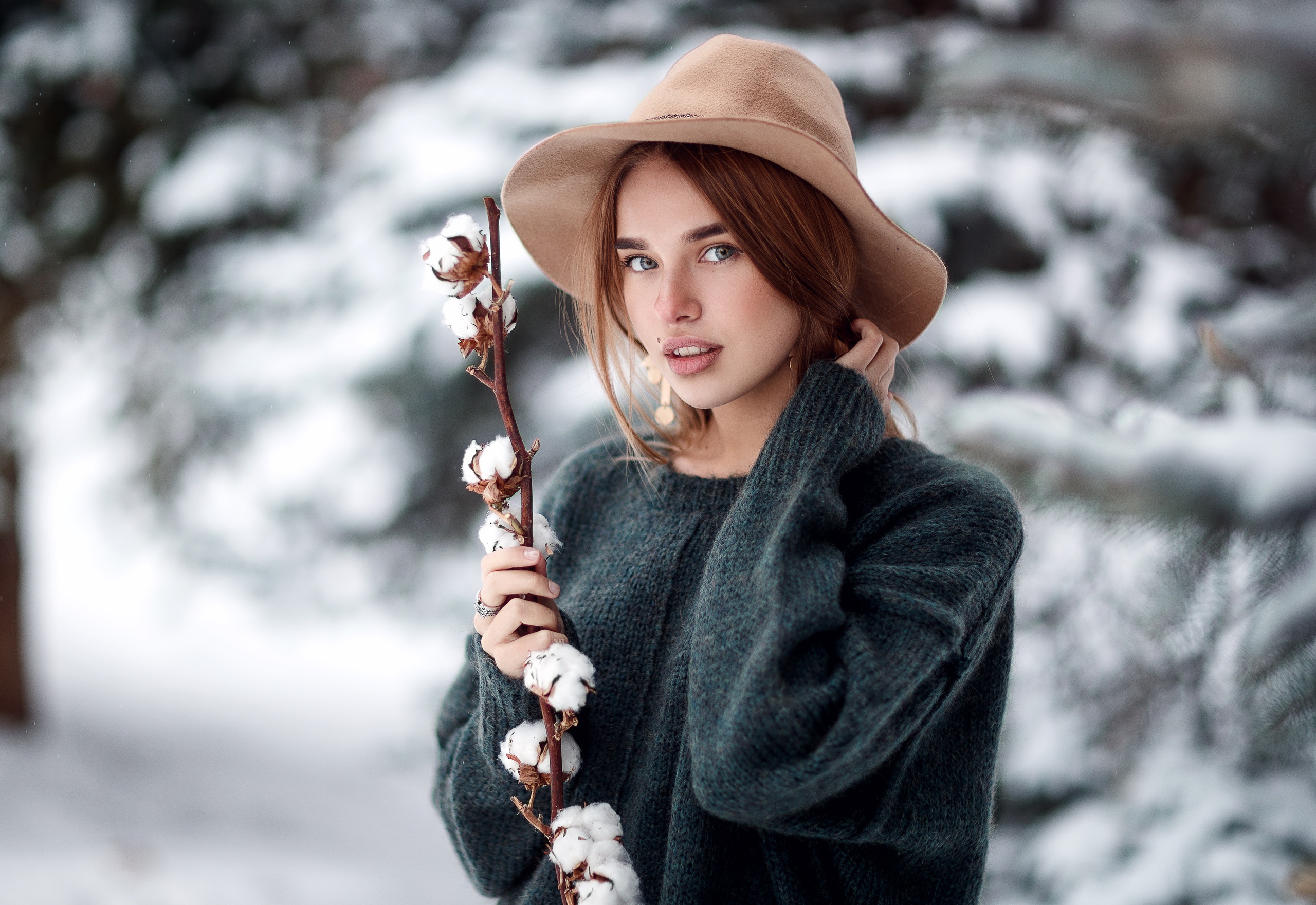 Sergey Sorokin Women Women Outdoors Hat Redhead Portrait Women With Hats Blue Sweater Moles Blue Eye 2560x1761