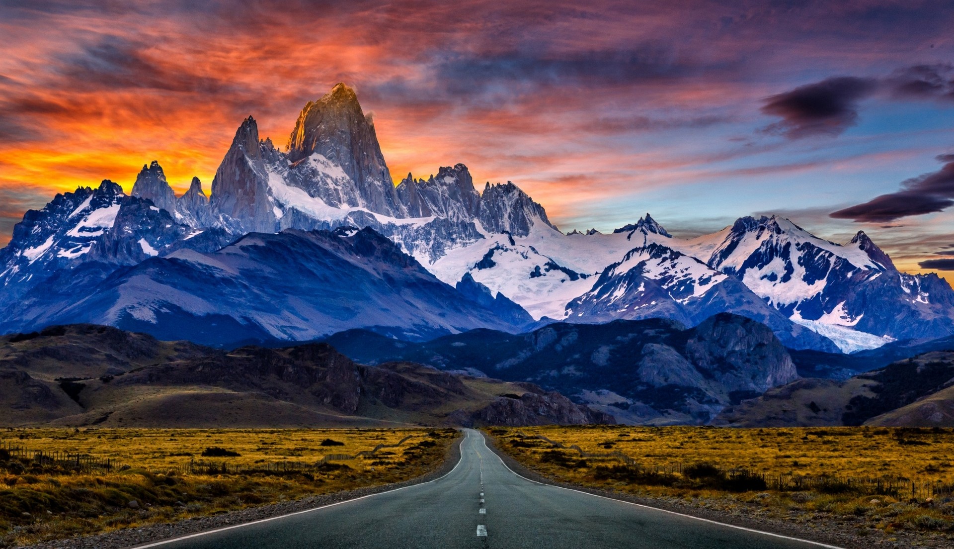 Nature Landscape Road Mountains Sunset Snowy Peak Argentina Sky Clouds Dry Grass Fence 1920x1104