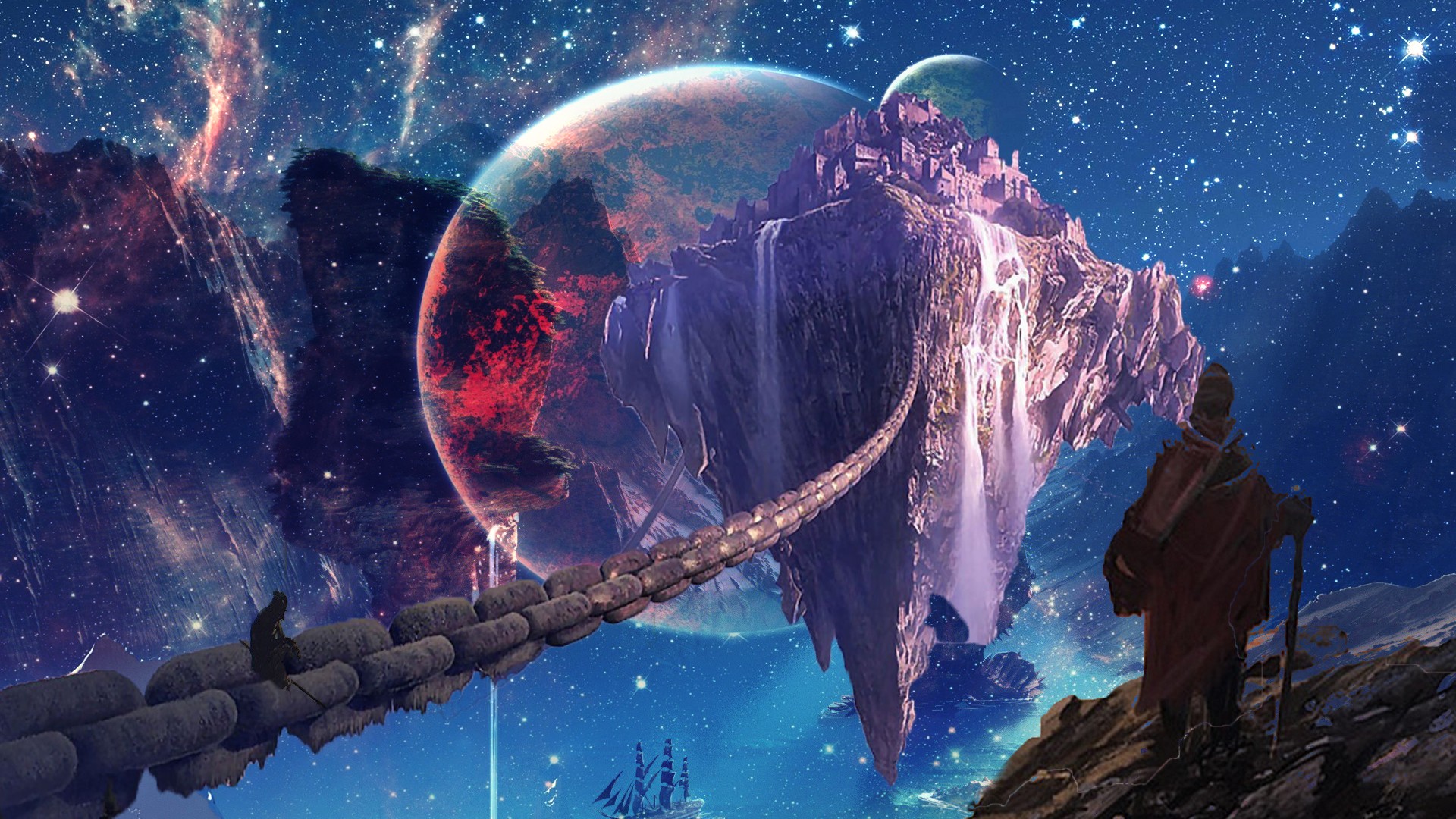 Planet Landing Science Fiction Wizard Assassins Mountains Sea Stars 1920x1080