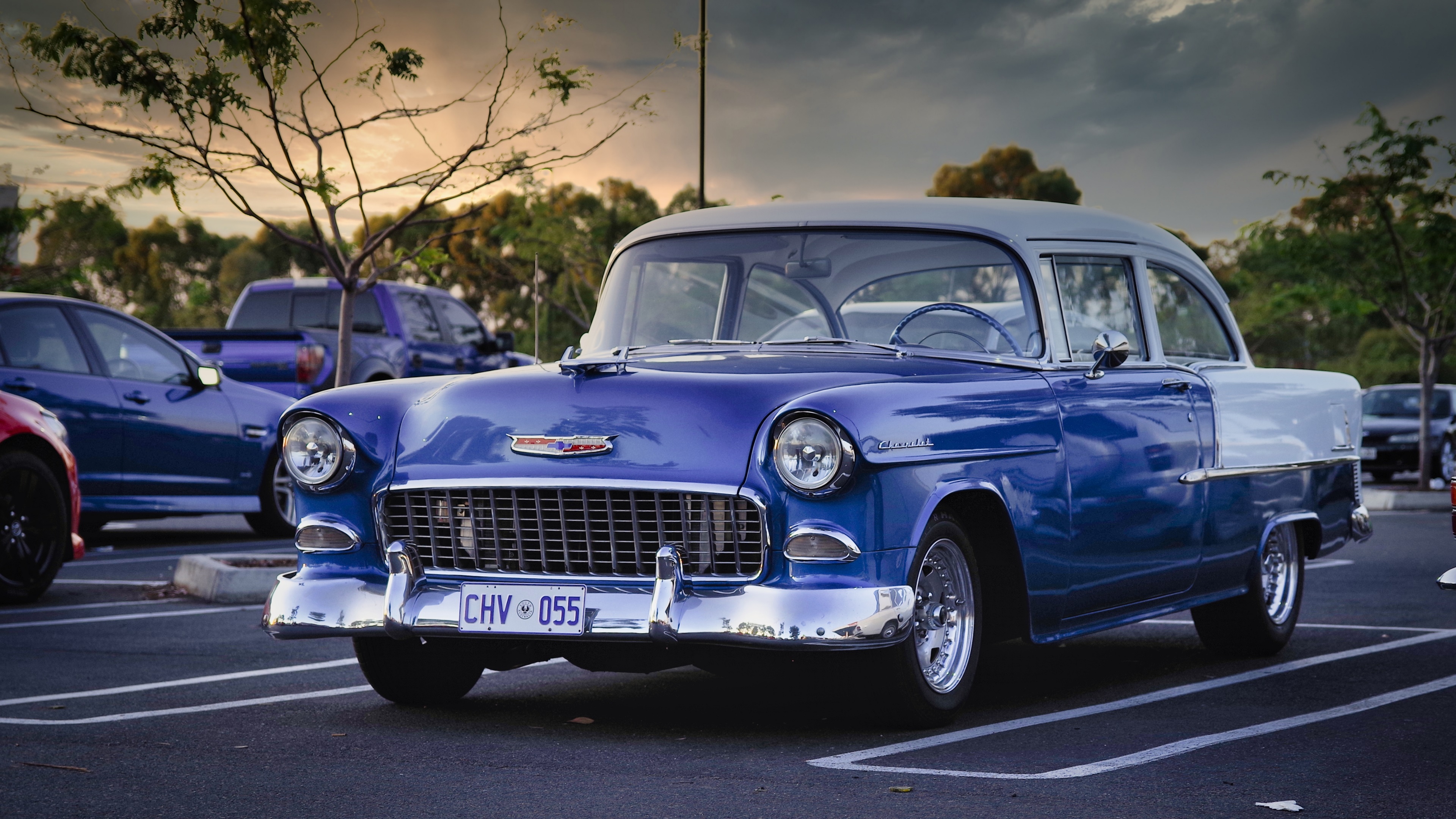 1955 Chevrolet Bel Air Chevrolet Chevy Classic Car Blue Cars Vintage Car Car Park Sunset Car Vehicle 3840x2160