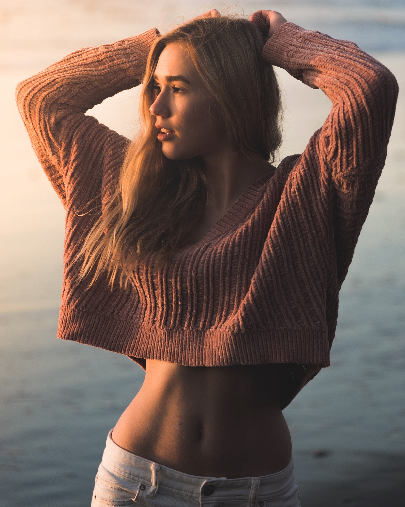Carly Belle Blonde Women Model Jeans Portrait Sweater Looking Into The Distance Nose Rings Hands On  1637x2048