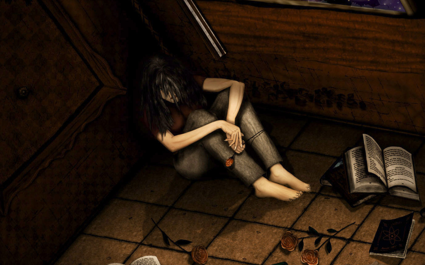 Woman Sad Lonely Rose 1440x900