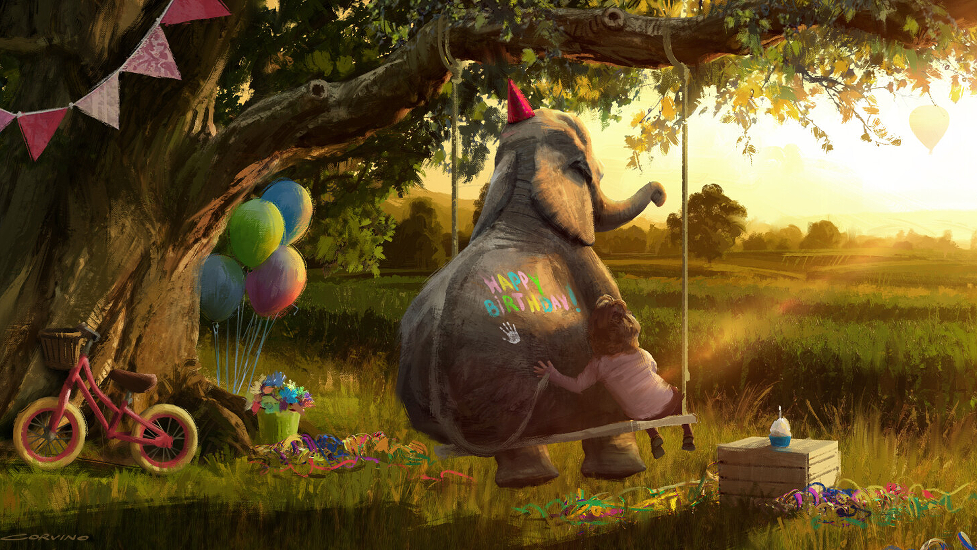 Francesco Corvino Digital Art Artwork Elephant Children Sunset Birthday Balloon Bycicle Trees Grass 1920x1080