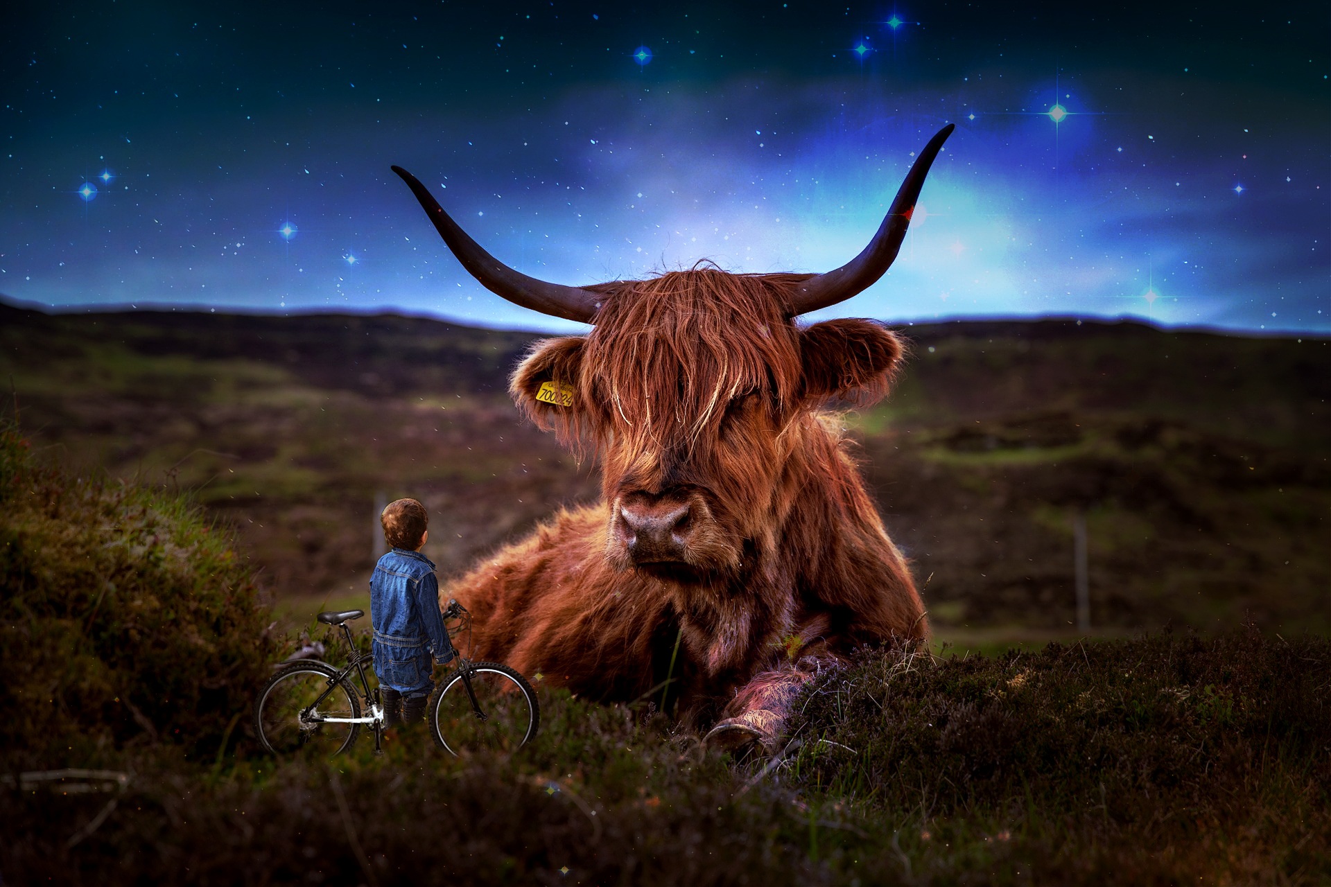 Artistic Photoshop Little Boy Bull Field Manipulation 1920x1280