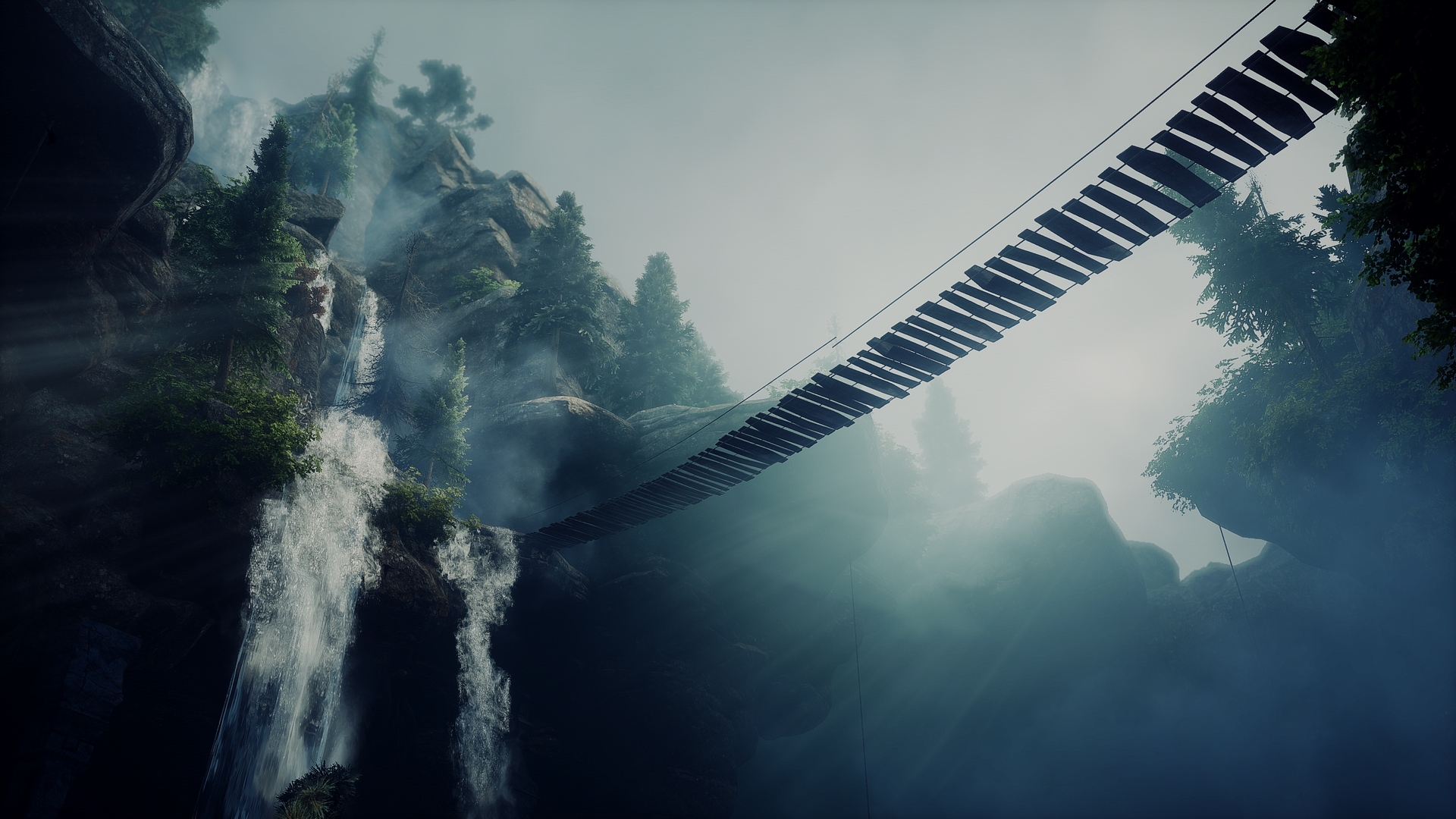 Dragon Age Inquisition Valammar Rock Waterfall Rope Bridge 1920x1080