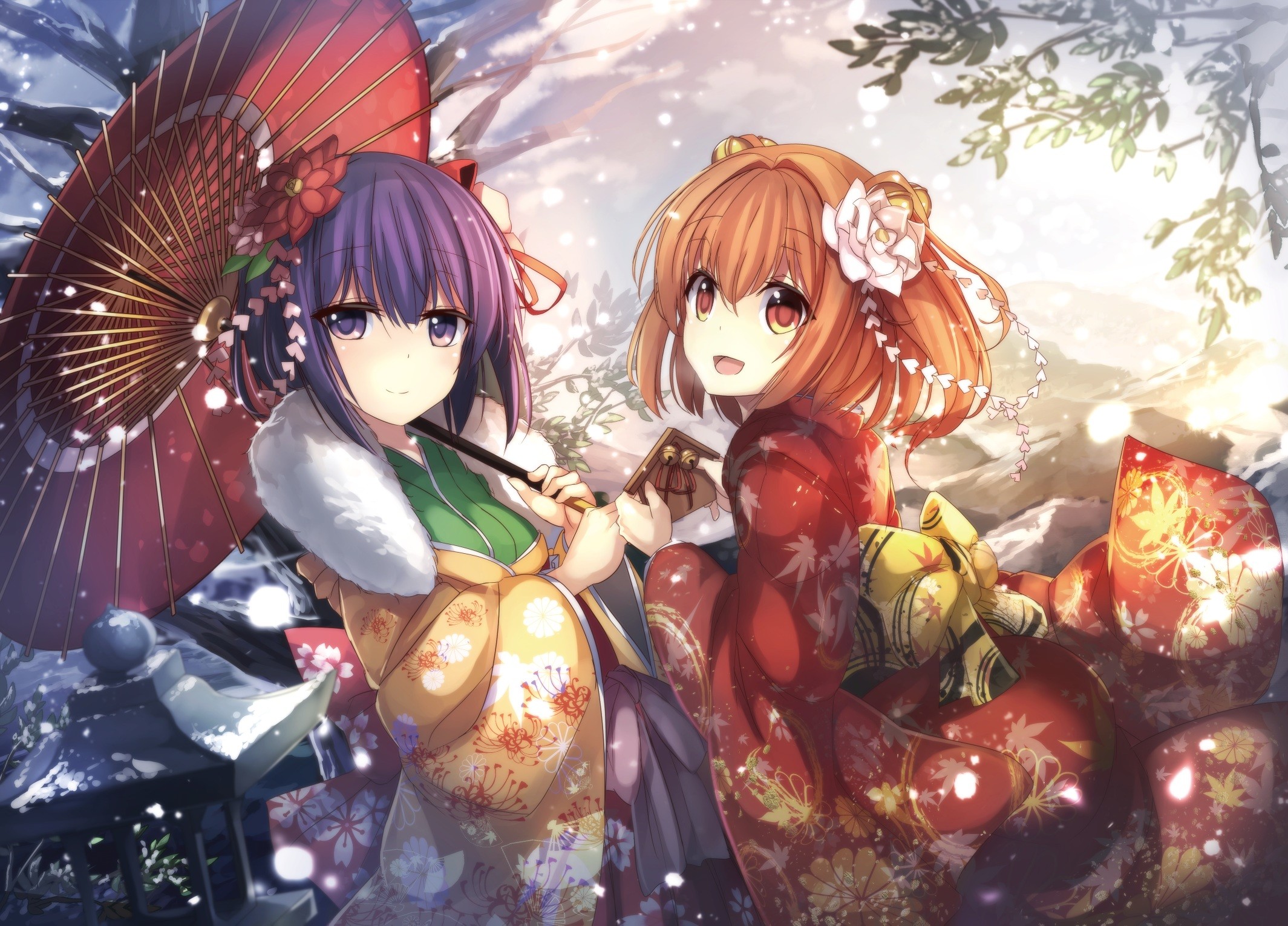 Anime Anime Girls Touhou Hieda No Akyuu Kosuzu Motoori Bell Japanese Clothes Kimono Orange Eyes Purp 2129x1530