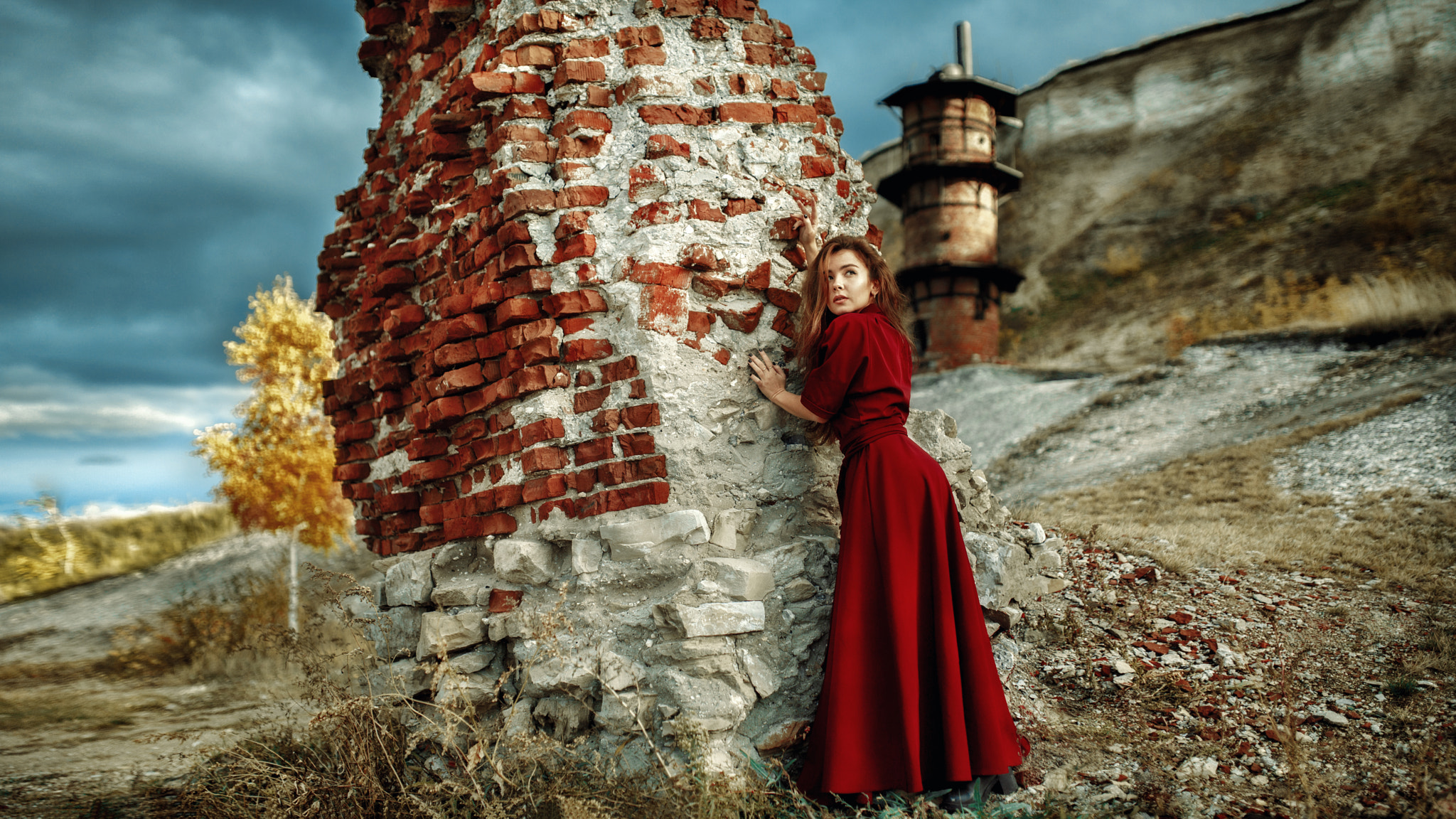 Women Outdoors Red Dress Women Model Andrey Metelkov 2048x1152