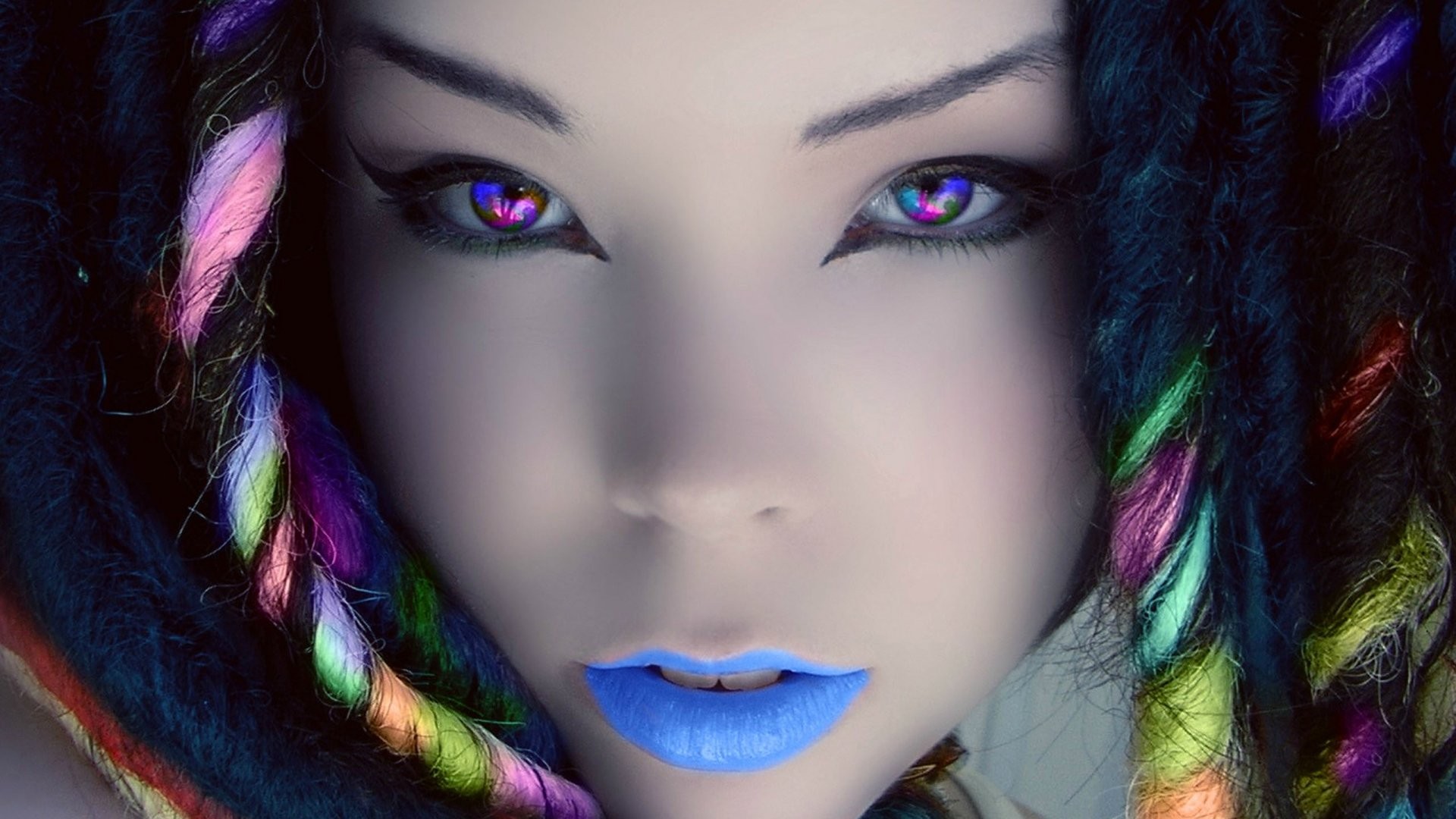 Women Face Dyed Hair Colorful Closeup Digital Art Eyes Dreadlocks Cyan 1920x1080