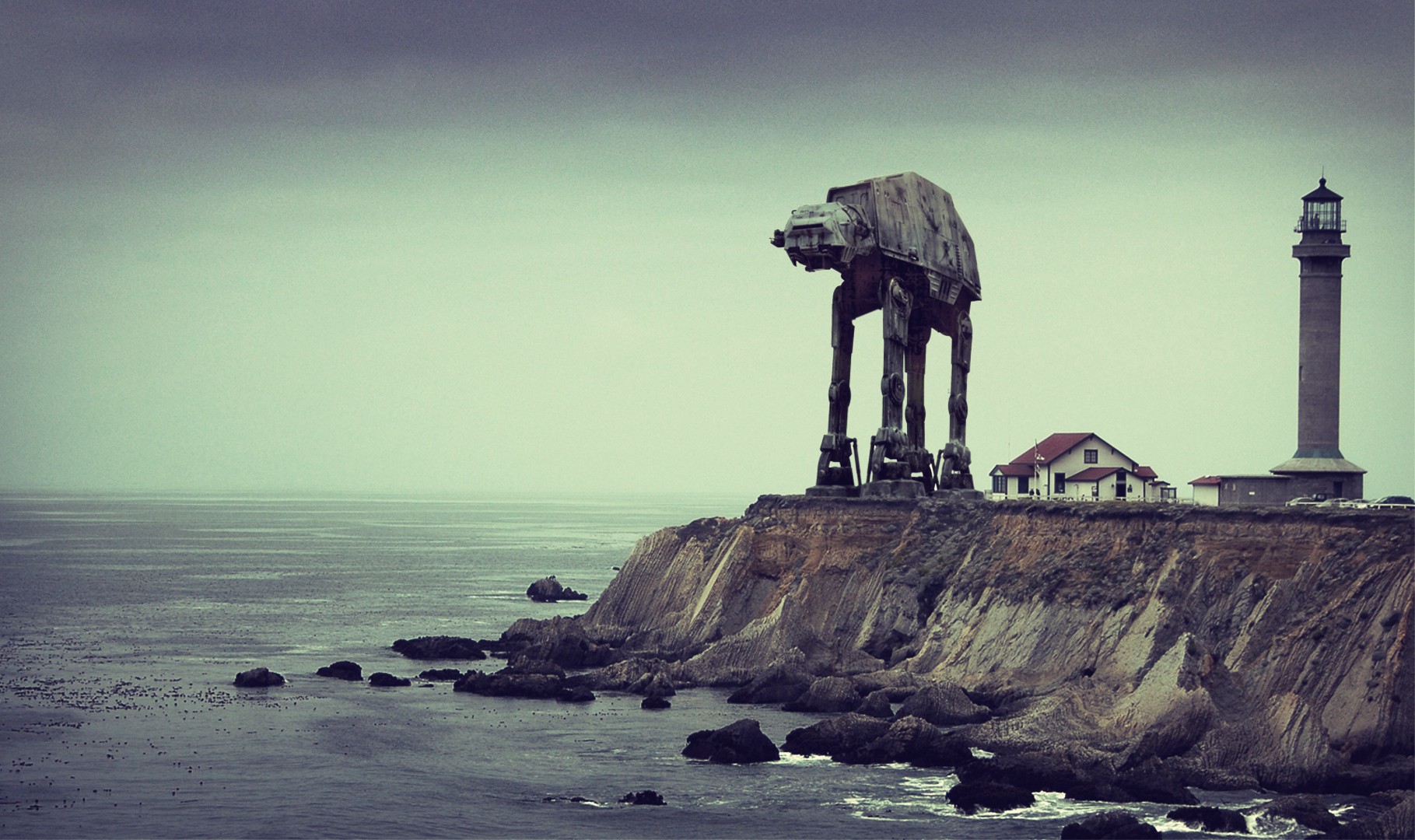 Star Wars Rift Lighthouse AT AT Sea Digital Art Photomontage 1819x1080