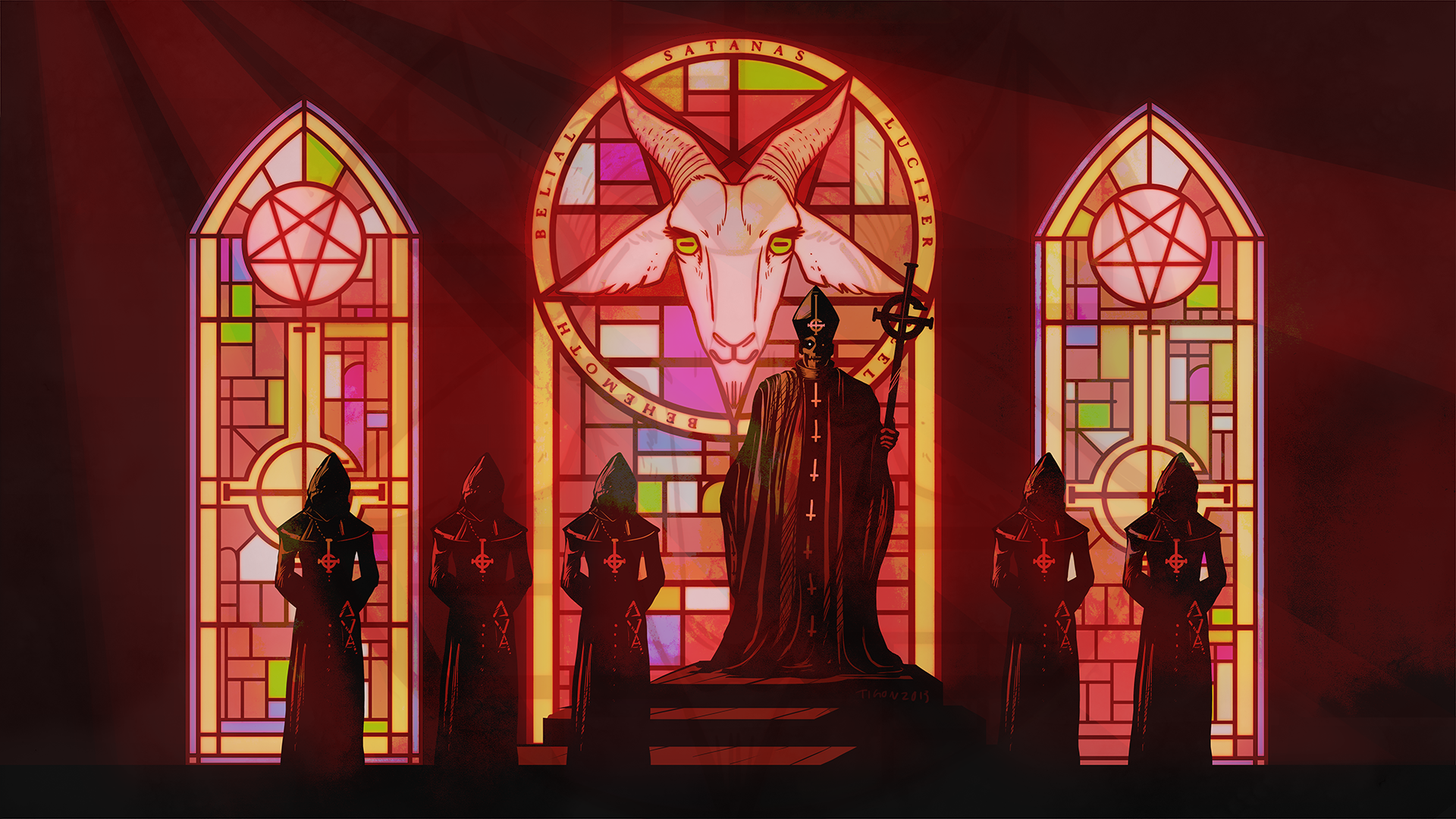 Lucifer Church Papa Emeritus Ghost Ghost B C Red Stained Glass Artwork Goat Pentagram 1920x1080